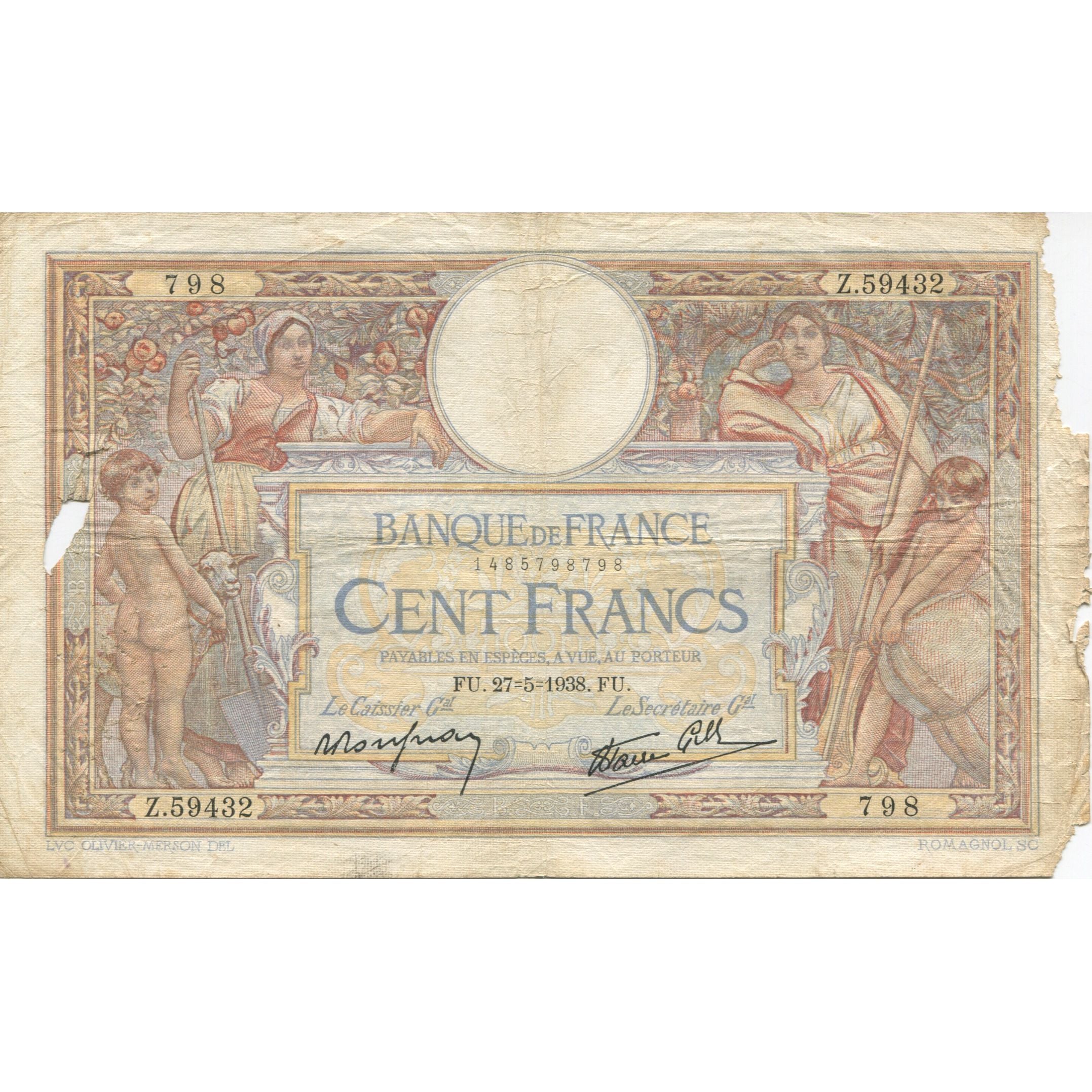 Frankrijk, 100 Francs, Luc Olivier Merson, 1938, 1938-05-27, AB, Fayette:25.20