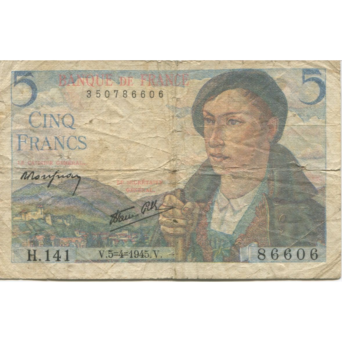 France, 5 Francs, Berger, 1945, 1945-04-05, AG(1-3), Fayette:05.06, KM:98a