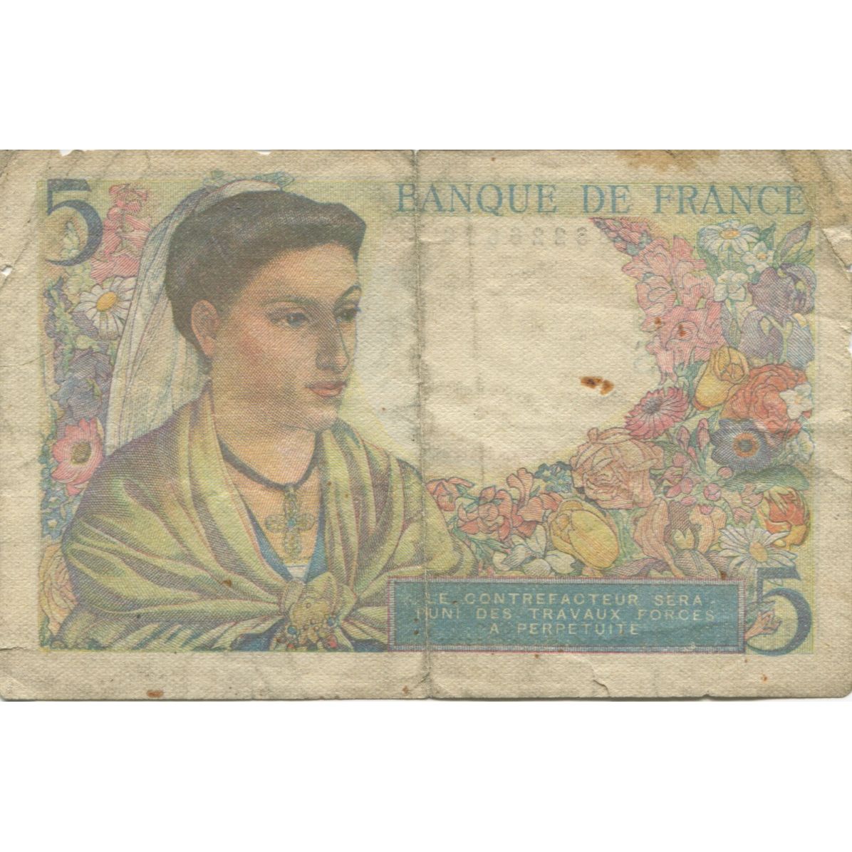 France, 5 Francs, Berger, 1947, 1947-10-30, VG(8-10), Fayette:05.07, KM:98b
