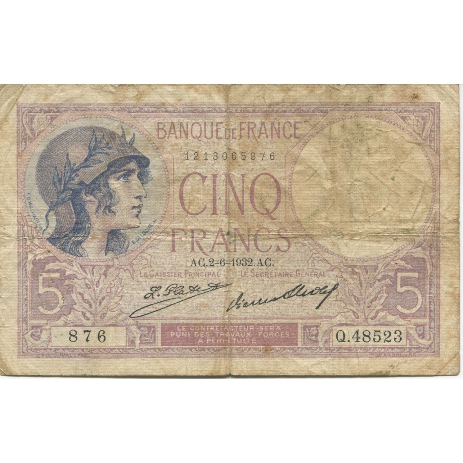 Frankreich, 5 Francs, Violet, 1932, 1932-06-02, GE, Fayette:F.03.16, KM:72d