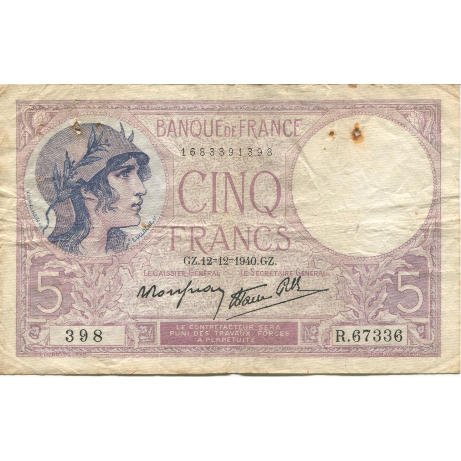 França, 5 Francs, Violet, 1940, 1940-12-12, VG(8-10), Fayette:04.17, KM:83