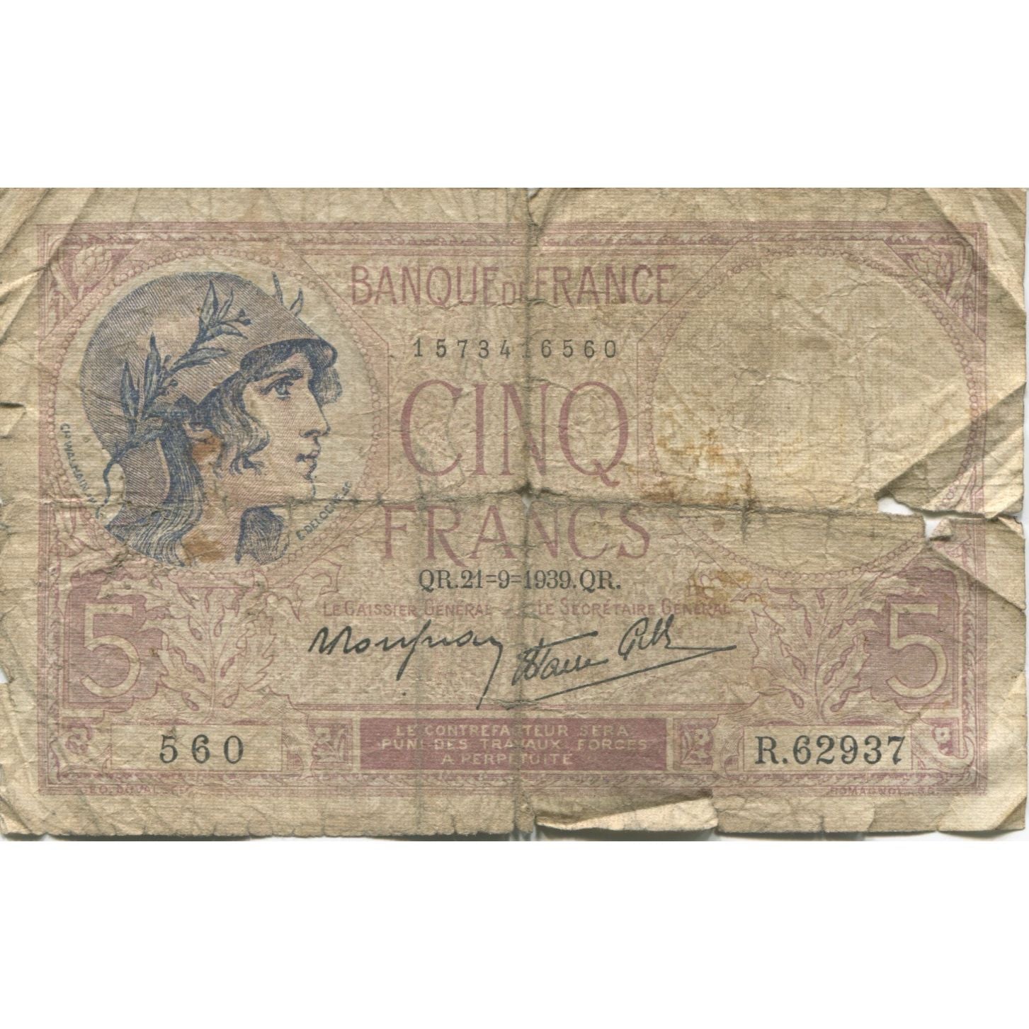 França, 5 Francs, 1939, 1939-09-21, AG(1-3), Fayette:04.09, KM:83