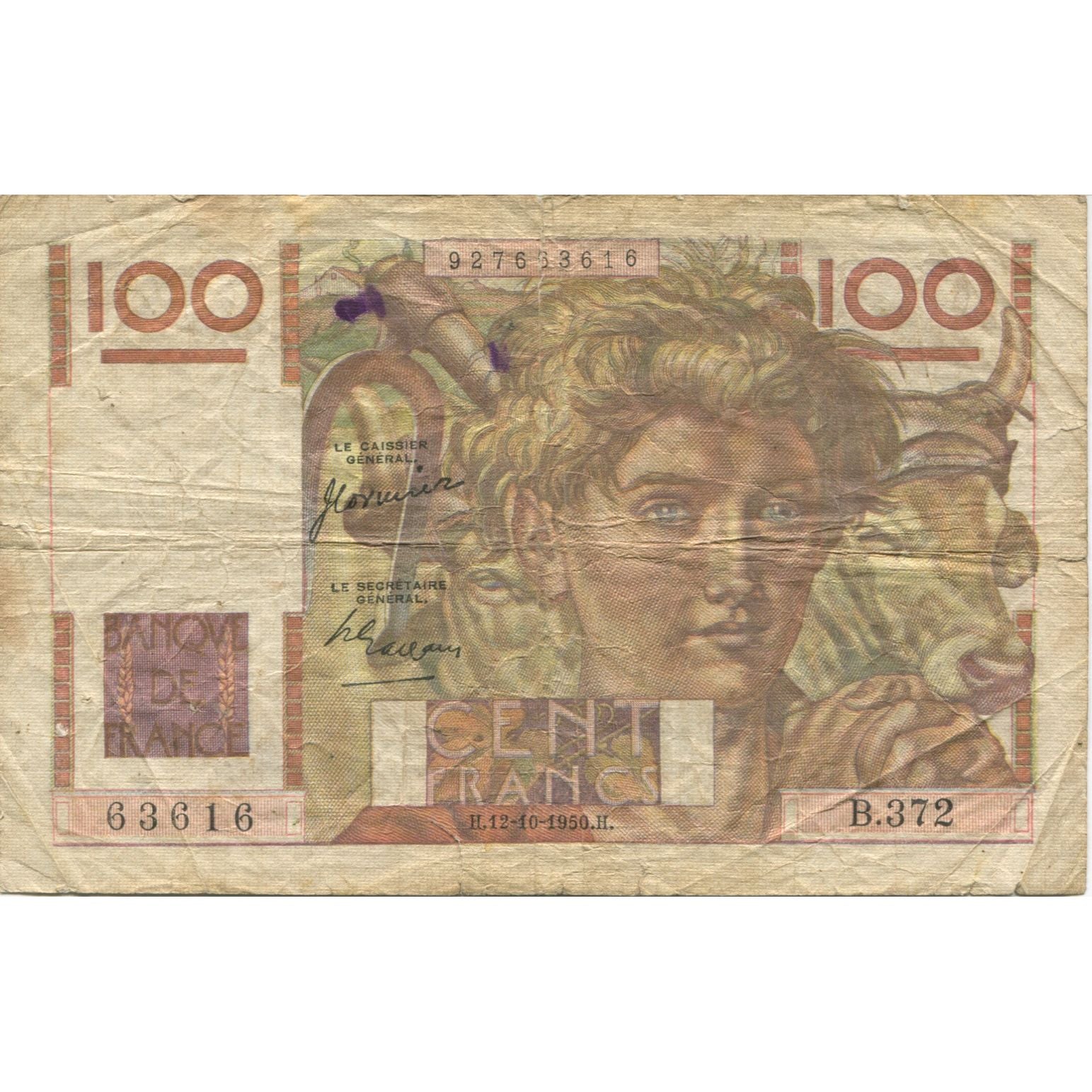 Frankrijk, 100 Francs, Jeune Paysan, 1950, 1950-10-12, B, Fayette:28.27, KM:128c