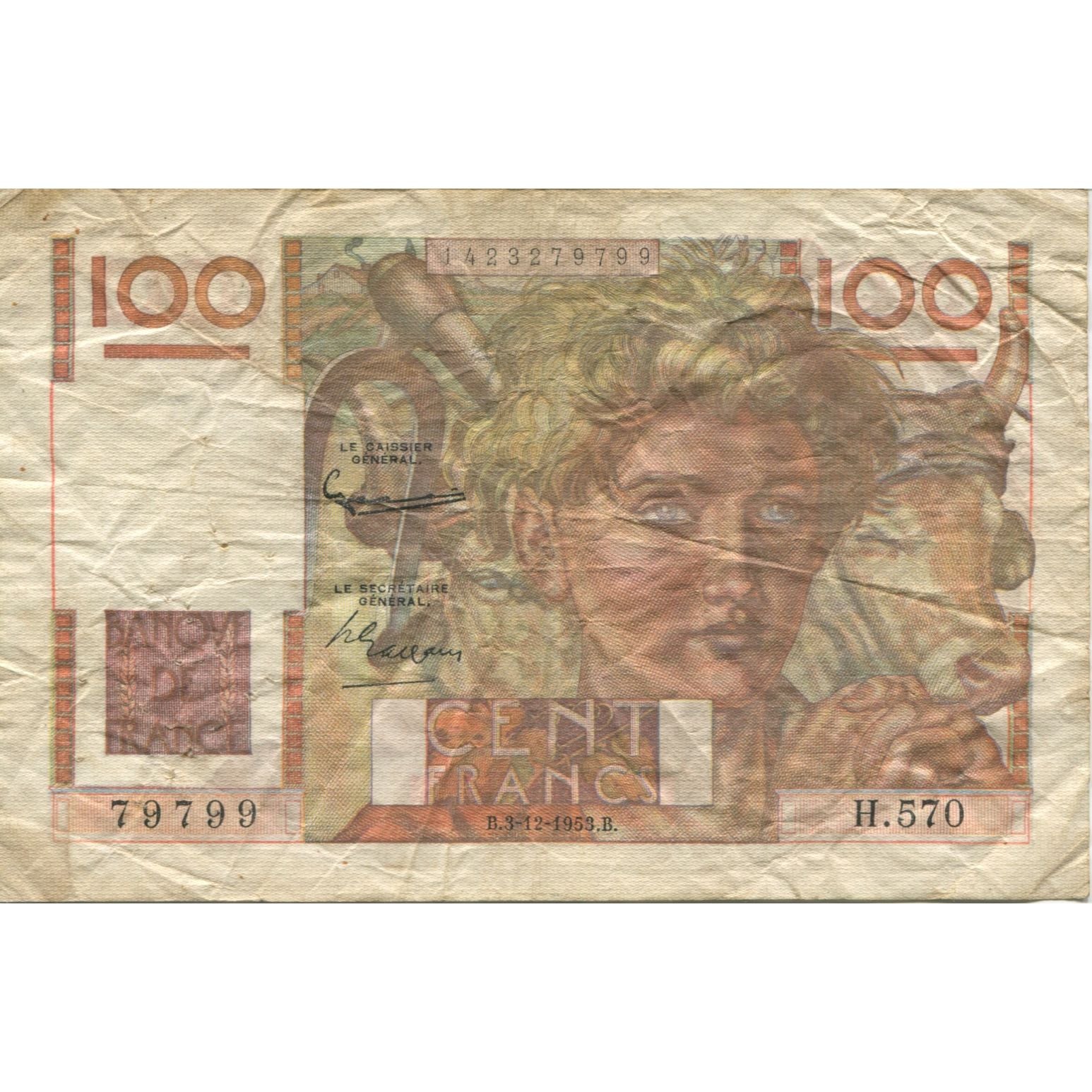 Francia, 100 Francs, Jeune Paysan, 1953, 1953-12-03, RC, Fayette:28.40, KM:128d