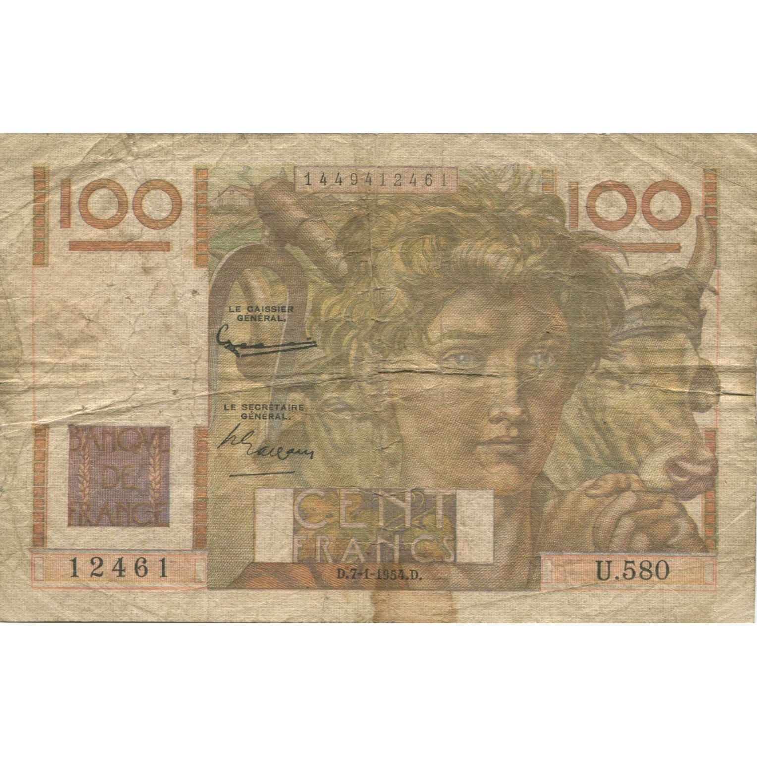 Francja, 100 Francs, Jeune Paysan, 1954, 1954-01-07, AG(1-3), Fayette:28.41