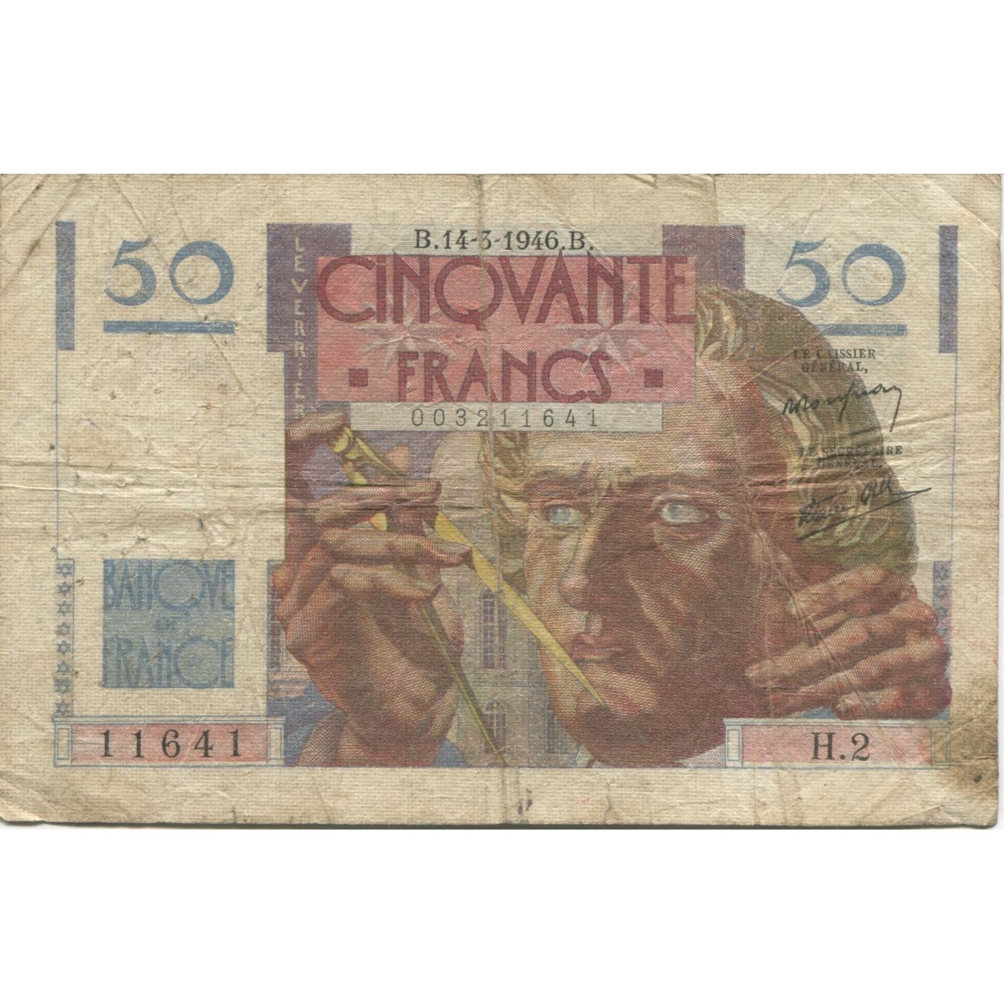 França, 50 Francs, Le Verrier, 1946, 1946-03-14, AG(1-3), Fayette:20.1, KM:127a
