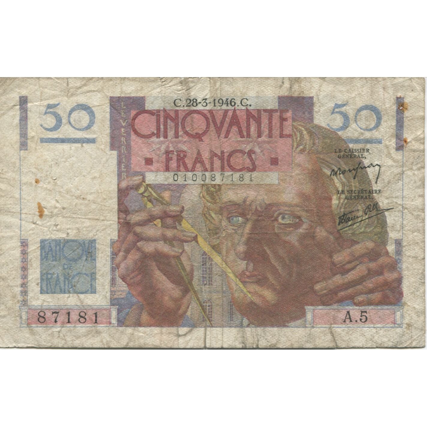 Frankrijk, 50 Francs, Le Verrier, 1946, 1946-03-28, AB, Fayette:20.2, KM:127a