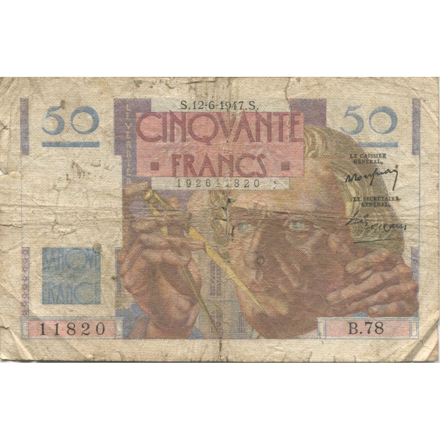 France, 50 Francs, Le Verrier, 1947, 1947-06-12, AB, Fayette:20.8, KM:127b