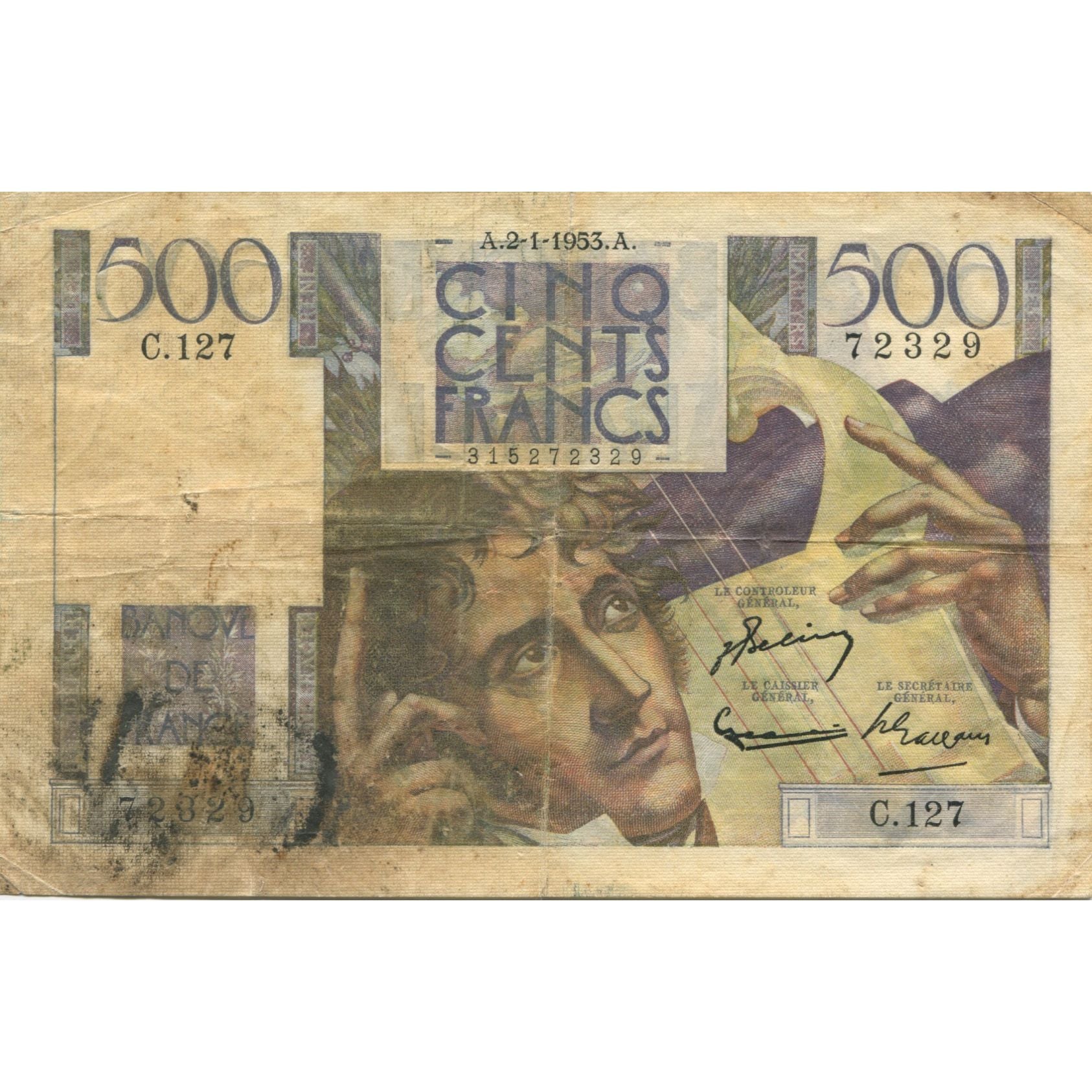 France, 500 Francs, Chateaubriand, 1953, VG(8-10), Fayette:34.11, KM:129c