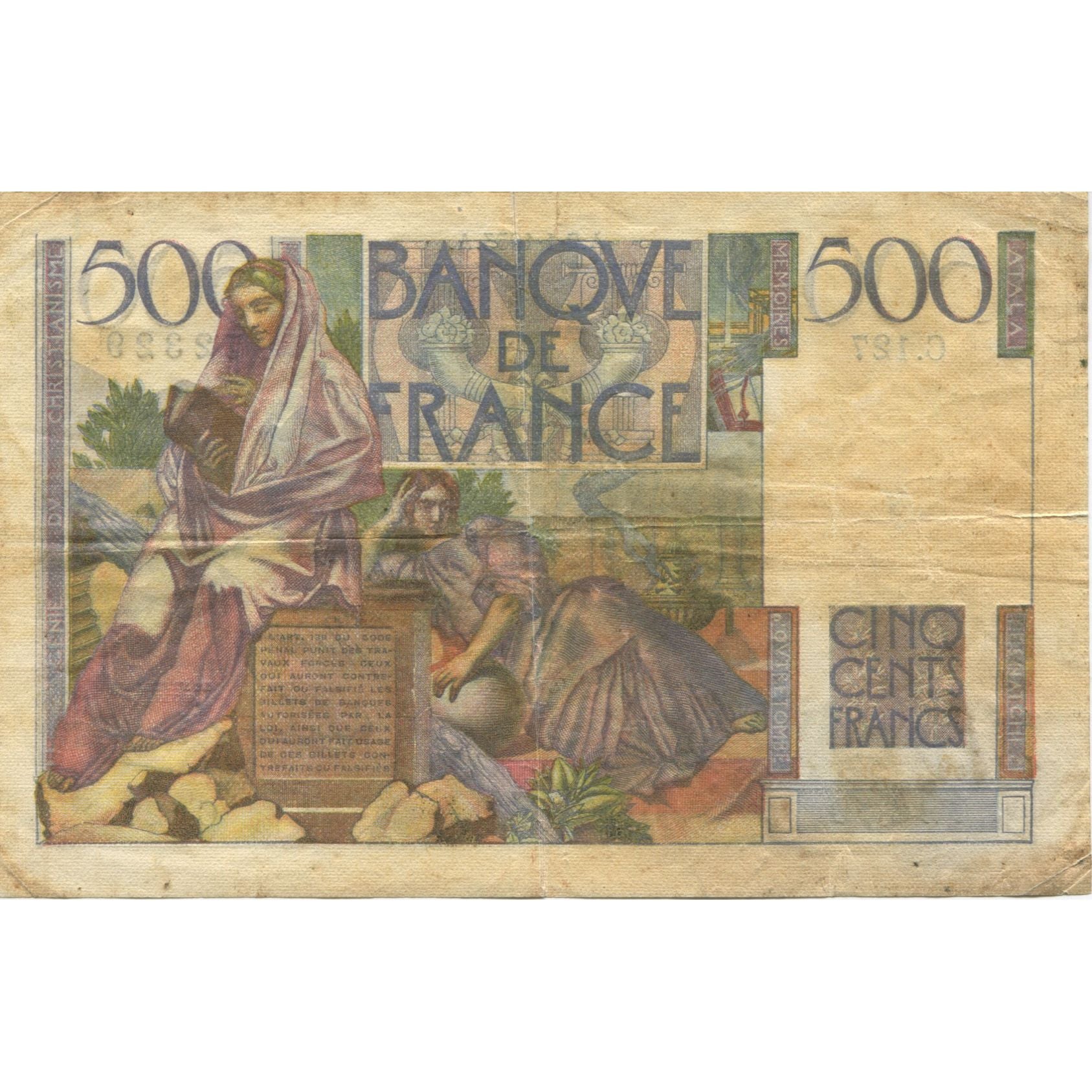 France, 500 Francs, Chateaubriand, 1953, VG(8-10), Fayette:34.11, KM:129c