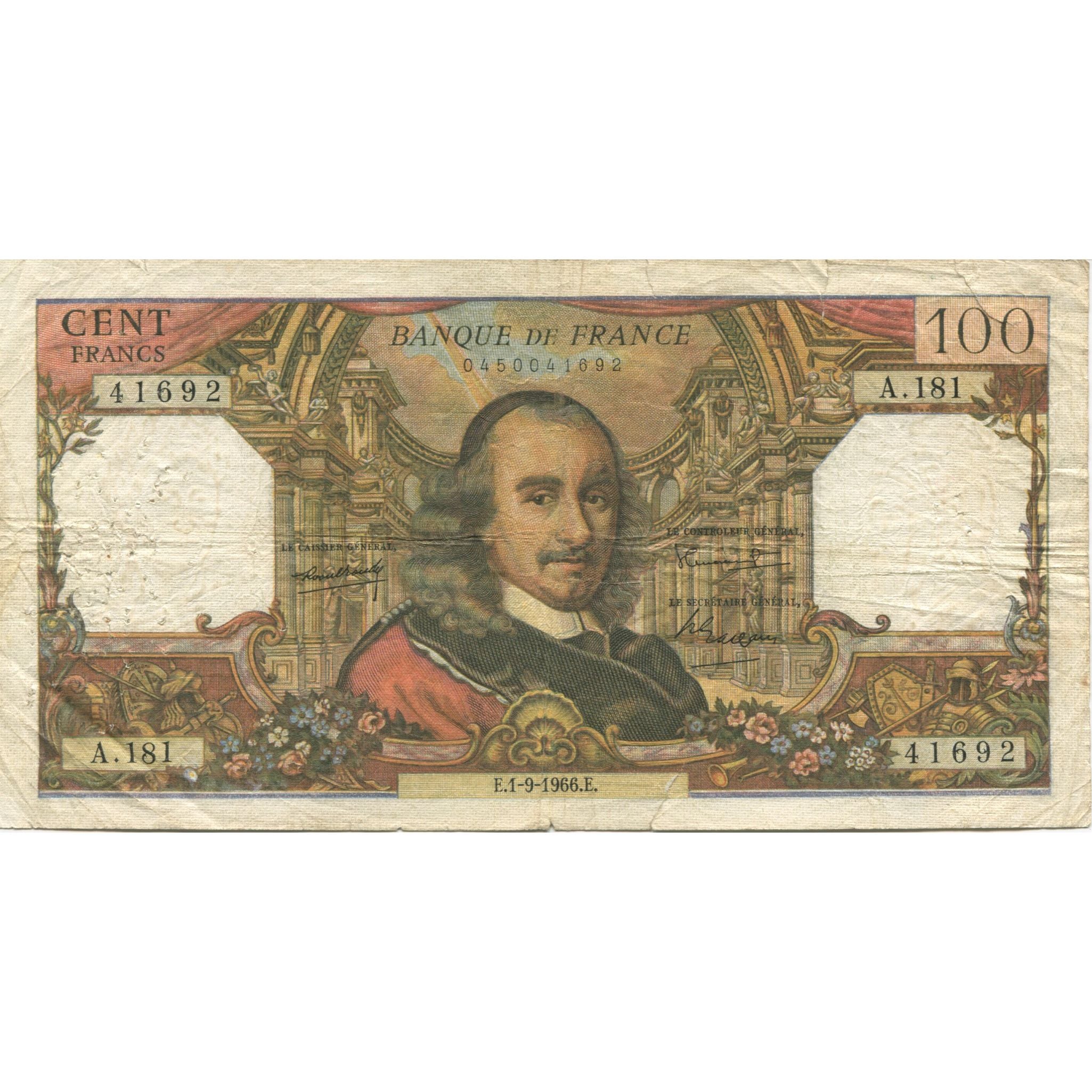 France, 100 Francs, Corneille, 1966, 1966-09-01, VG(8-10), Fayette:65.14