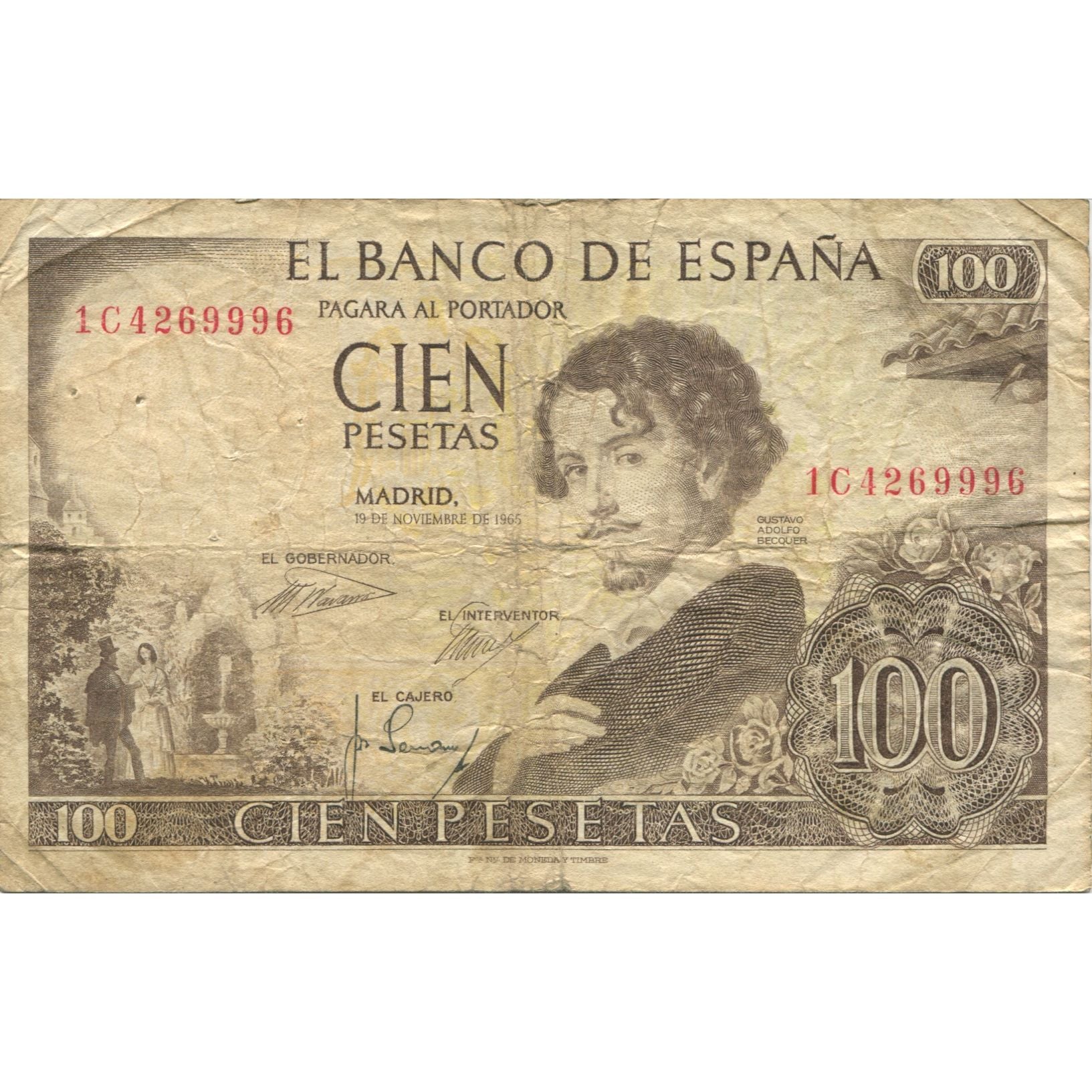Nota, Espanha, 100 Pesetas, 1965, 1965-11-19, KM:150, F(12-15)