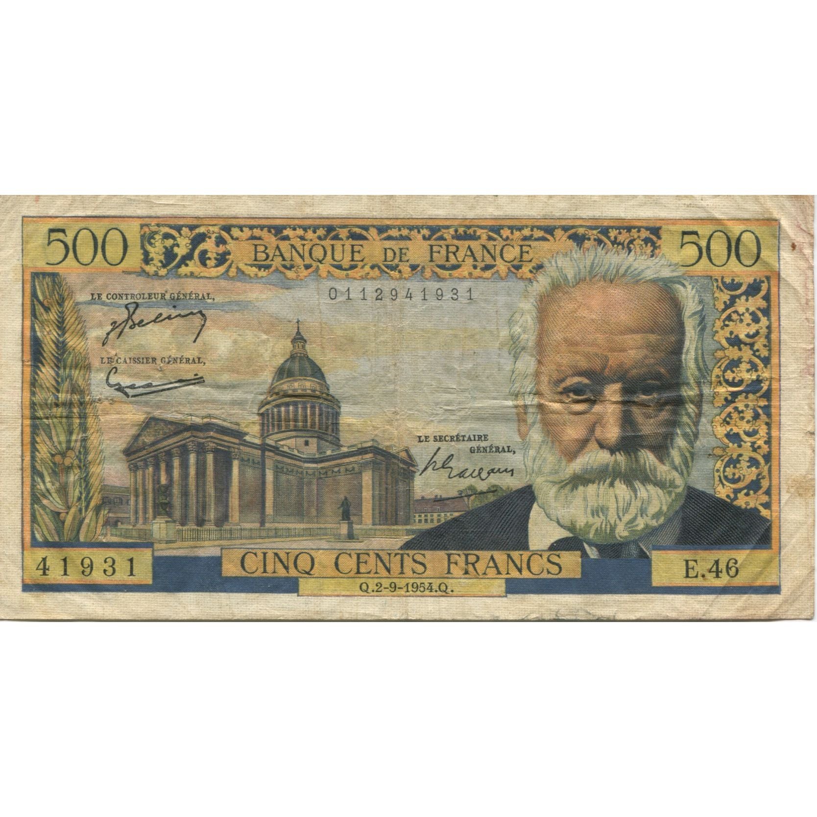 Frankrijk, 500 Francs, Victor Hugo, 1954, 1954-09-02, TB+, Fayette:35.3, KM:133a