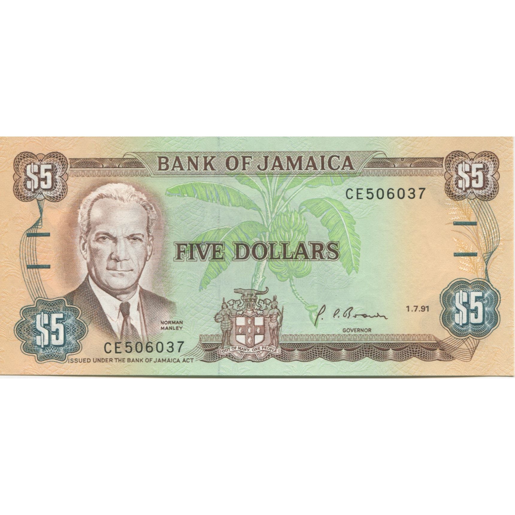 Banknote, Jamaica, 5 Dollars, 1991, 1990-01-01, KM:70d, UNC(65-70)