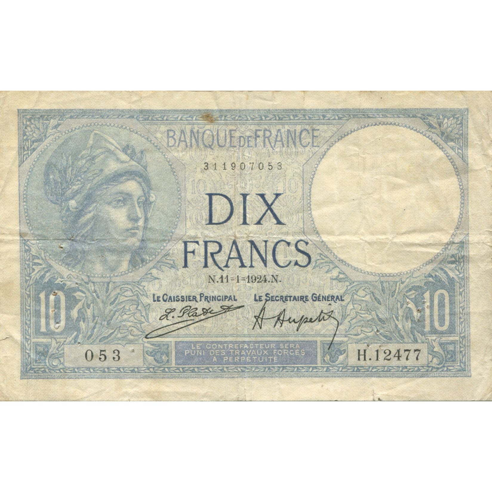 Francia, 10 Francs, Minerve, 1924, 1924-01-11, BC+, Fayette:6.8, KM:73c