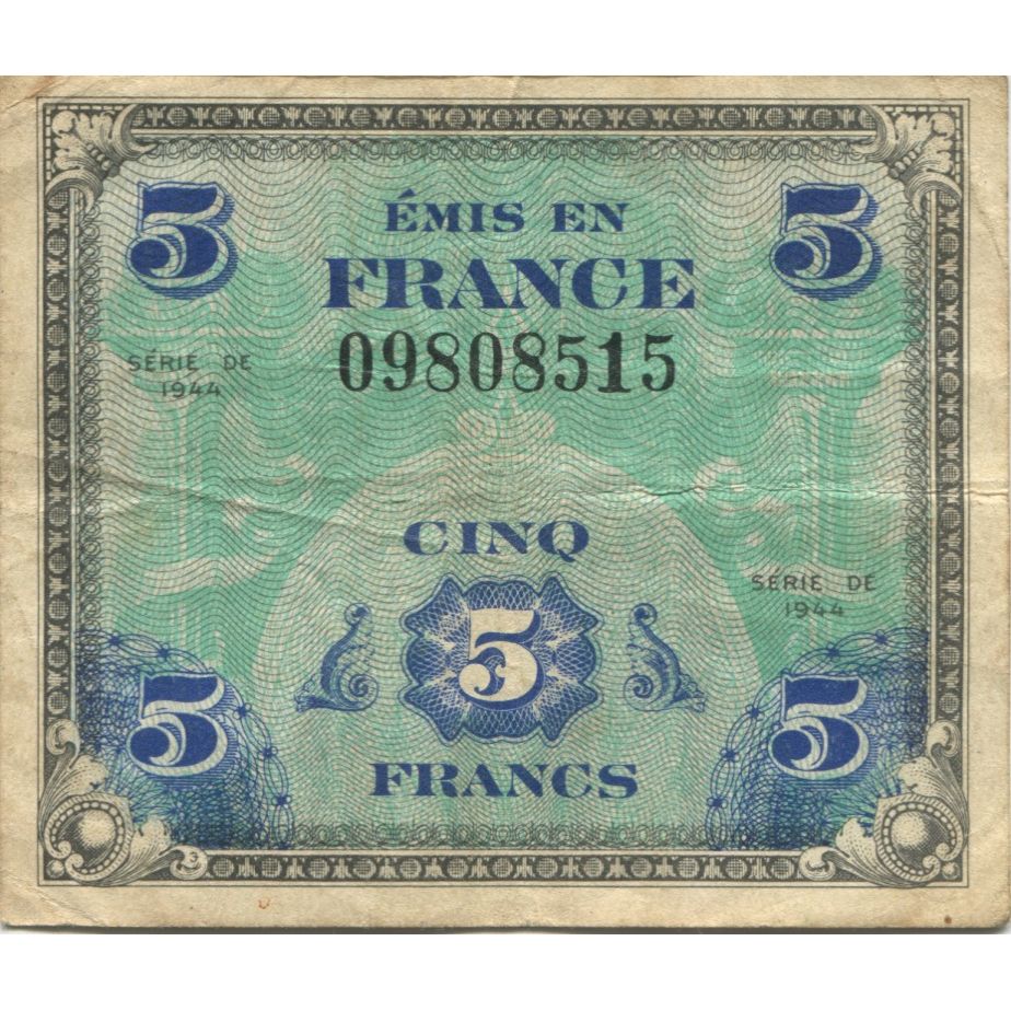 France, 5 Francs, Flag/France, 1944, VF(30-35), Fayette:VF17.01, KM:115a