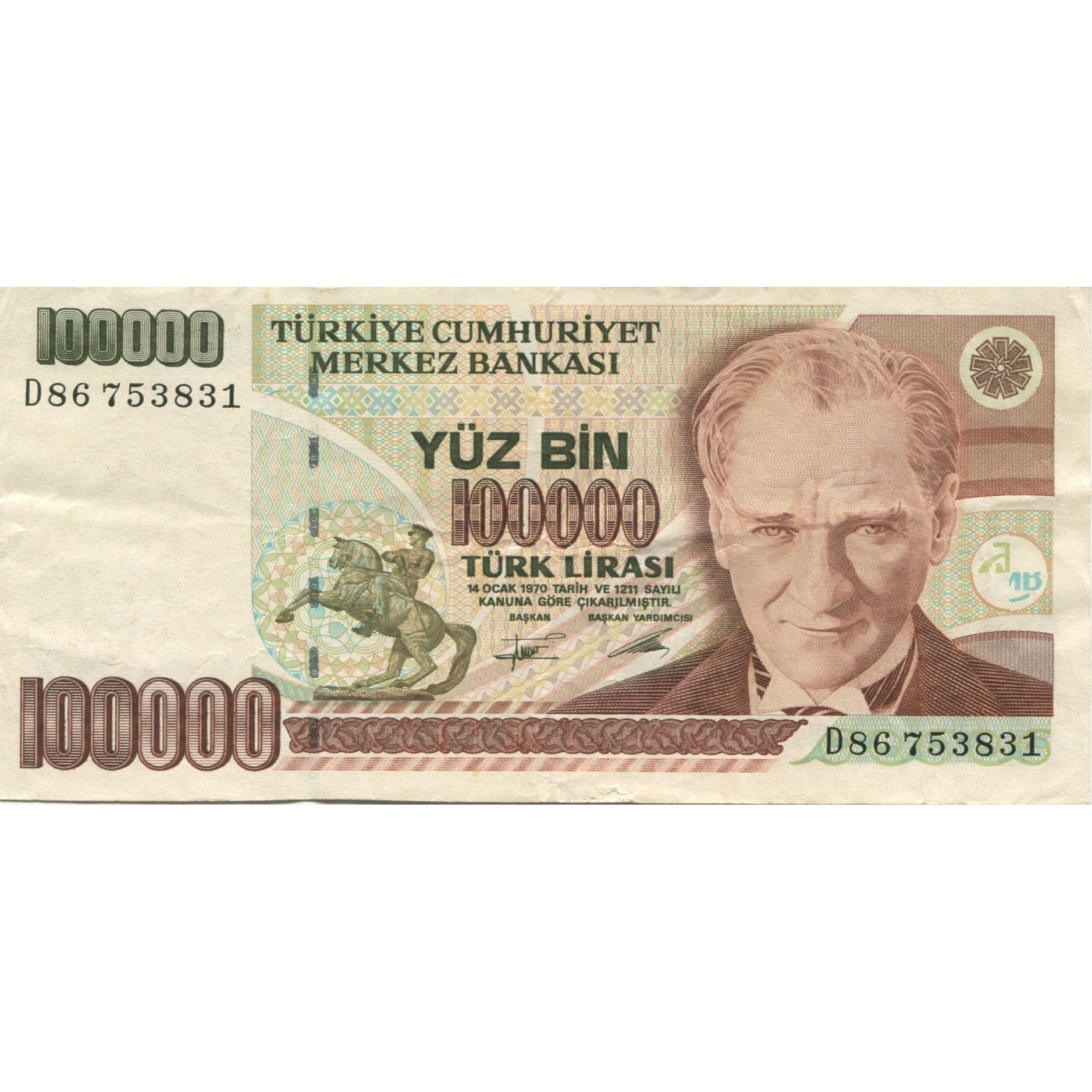 Geldschein, Türkei, 100,000 Lira, 1991, KM:205, SS+