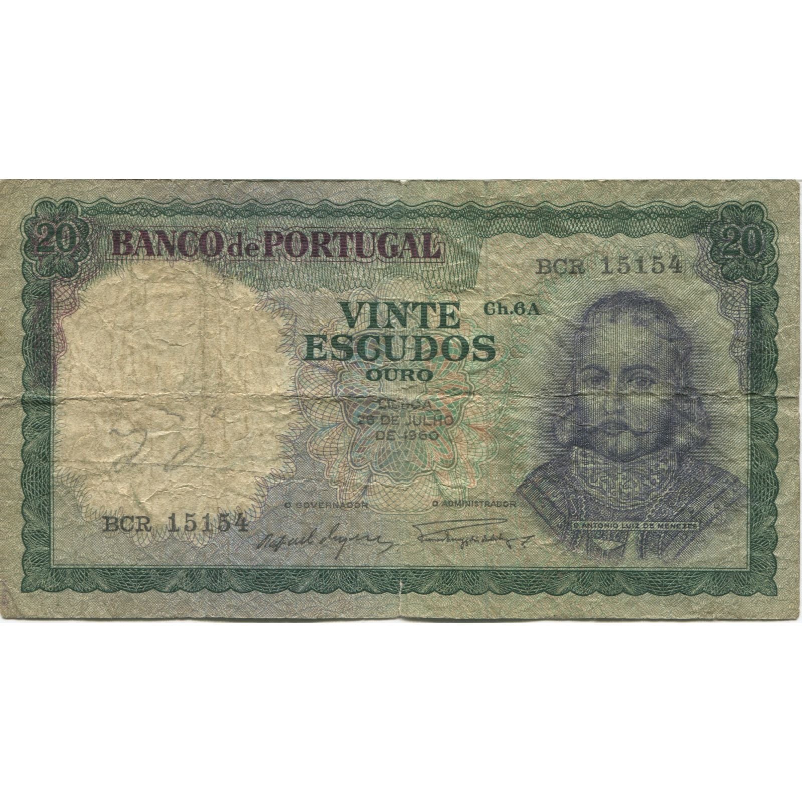 Banconote, Portogallo, 20 Escudos, 1960, 1960-07-26, KM:163a, B+
