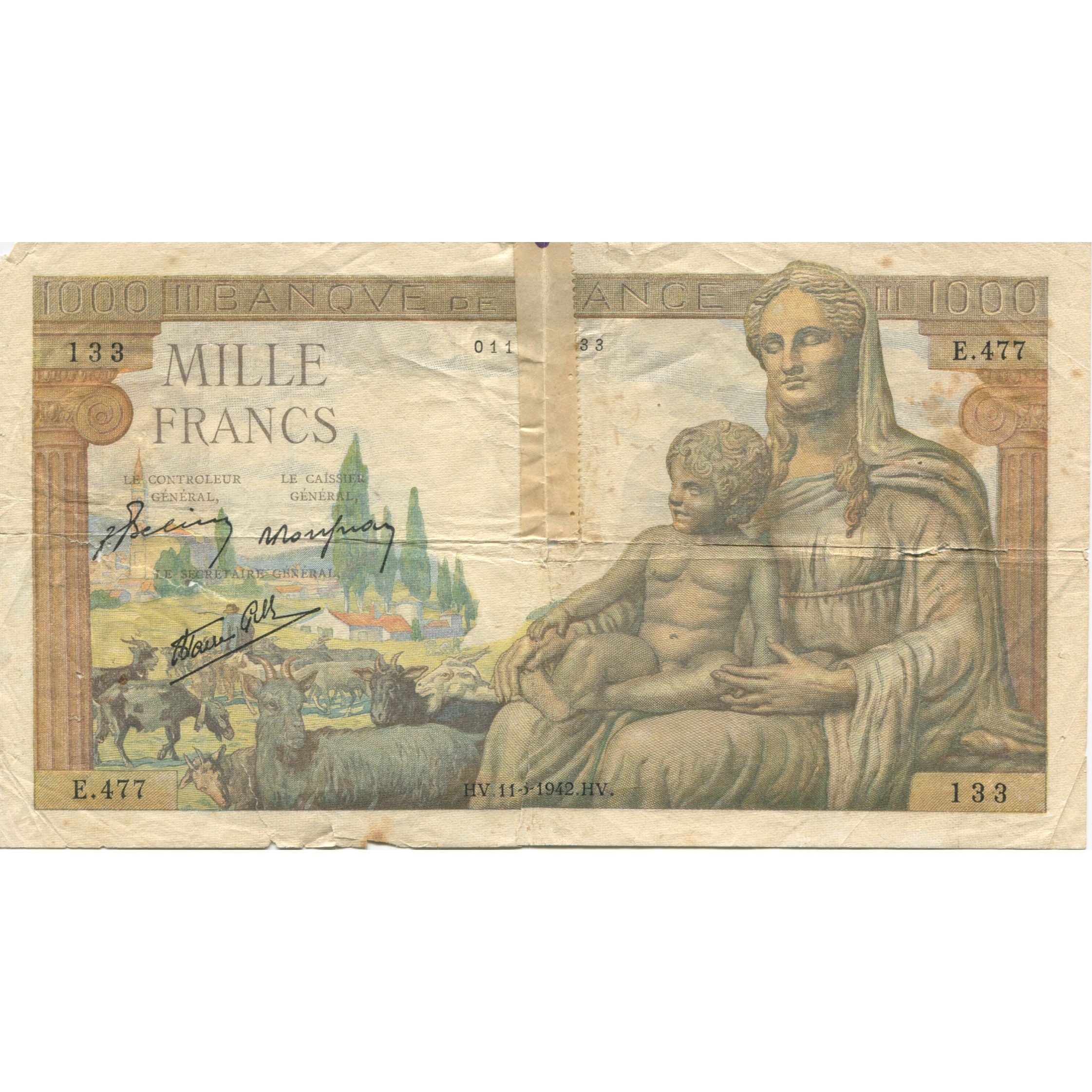 France, 1000 Francs, Déesse Déméter, 1942, 1942-11-05, AG(1-3)