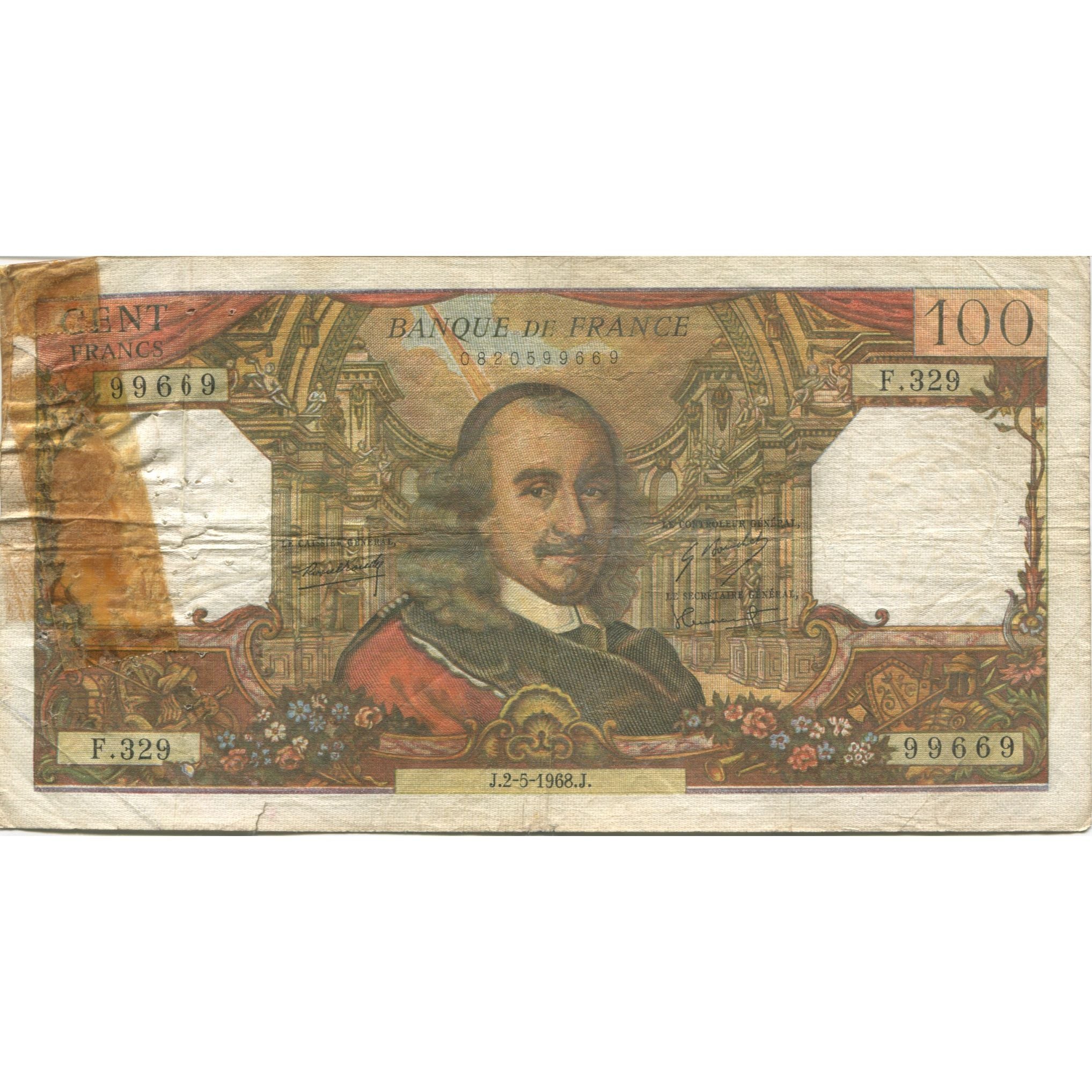 France, 100 Francs, Corneille, 1968, 1968-05-02, VG(8-10), Fayette:65.22