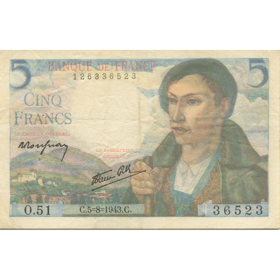 Francia, 5 Francs, Berger, 1943, 1943-08-05, BB+, Fayette:5.3, KM:98a