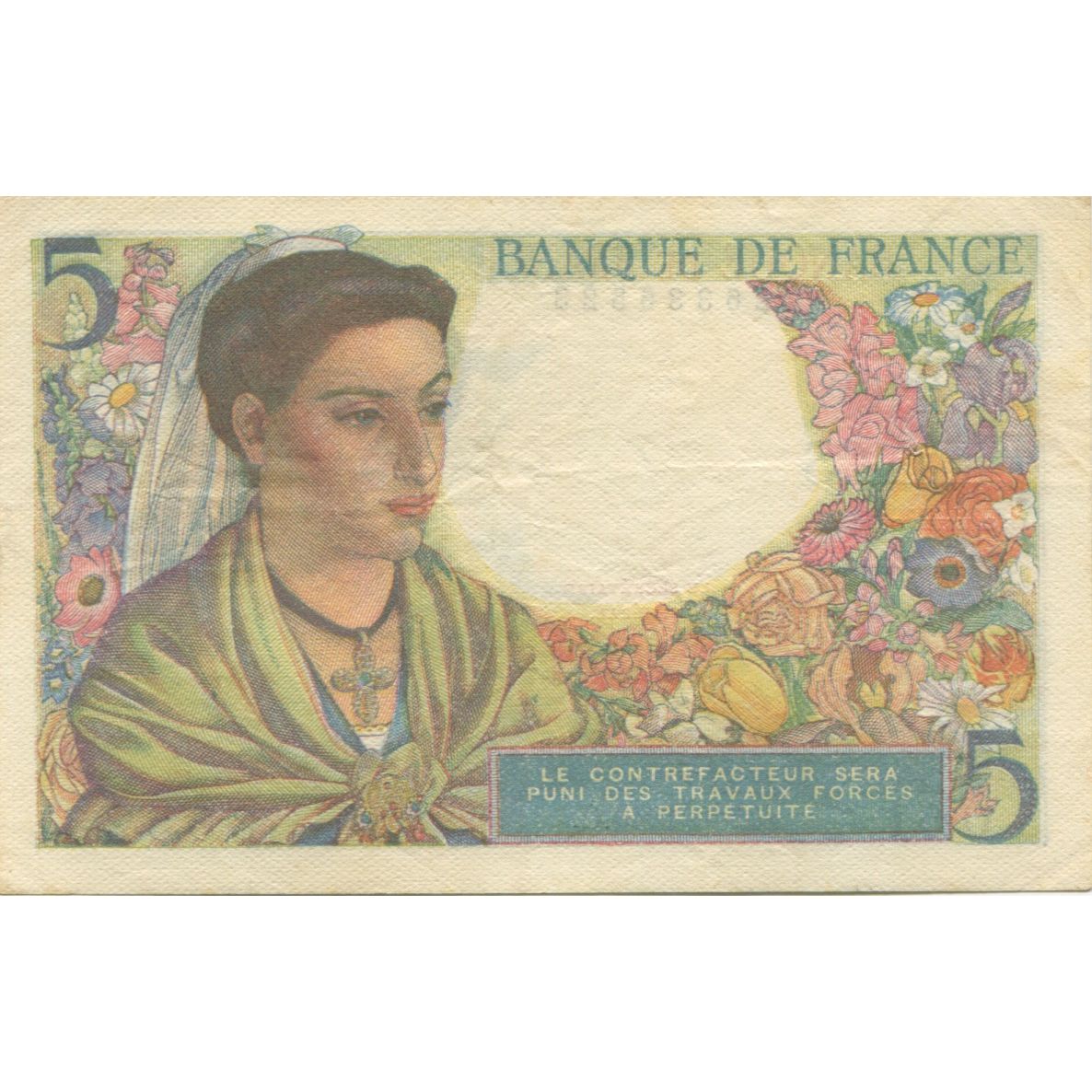 Francia, 5 Francs, Berger, 1943, 1943-08-05, BB+, Fayette:5.3, KM:98a