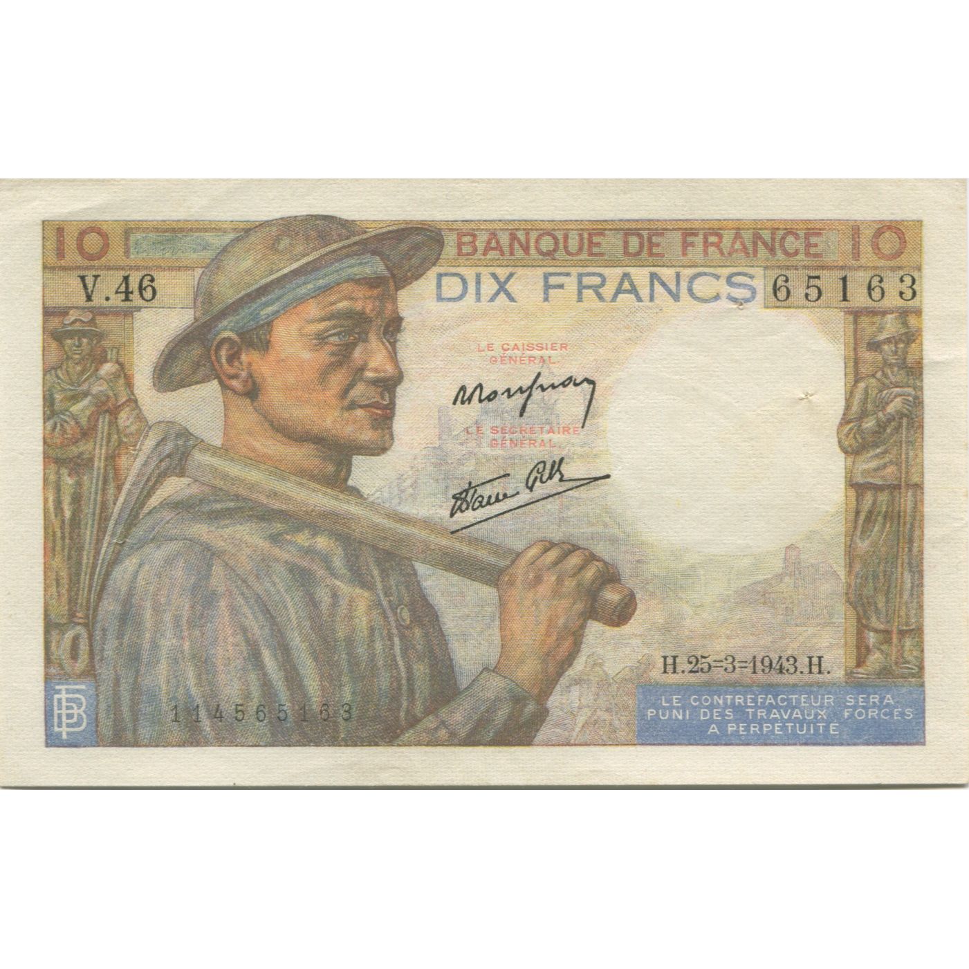 Francia, 10 Francs, Mineur, 1943, 1943-03-25, FDS, Fayette:8.8, KM:99e