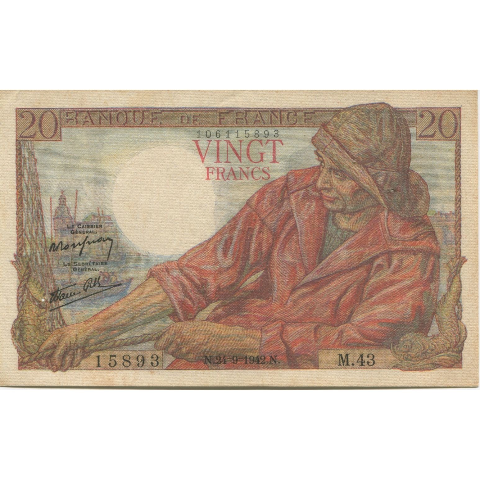 France, 20 Francs, Pêcheur, 1942, 1942-09-24, TTB, Fayette:13.3, KM:100a