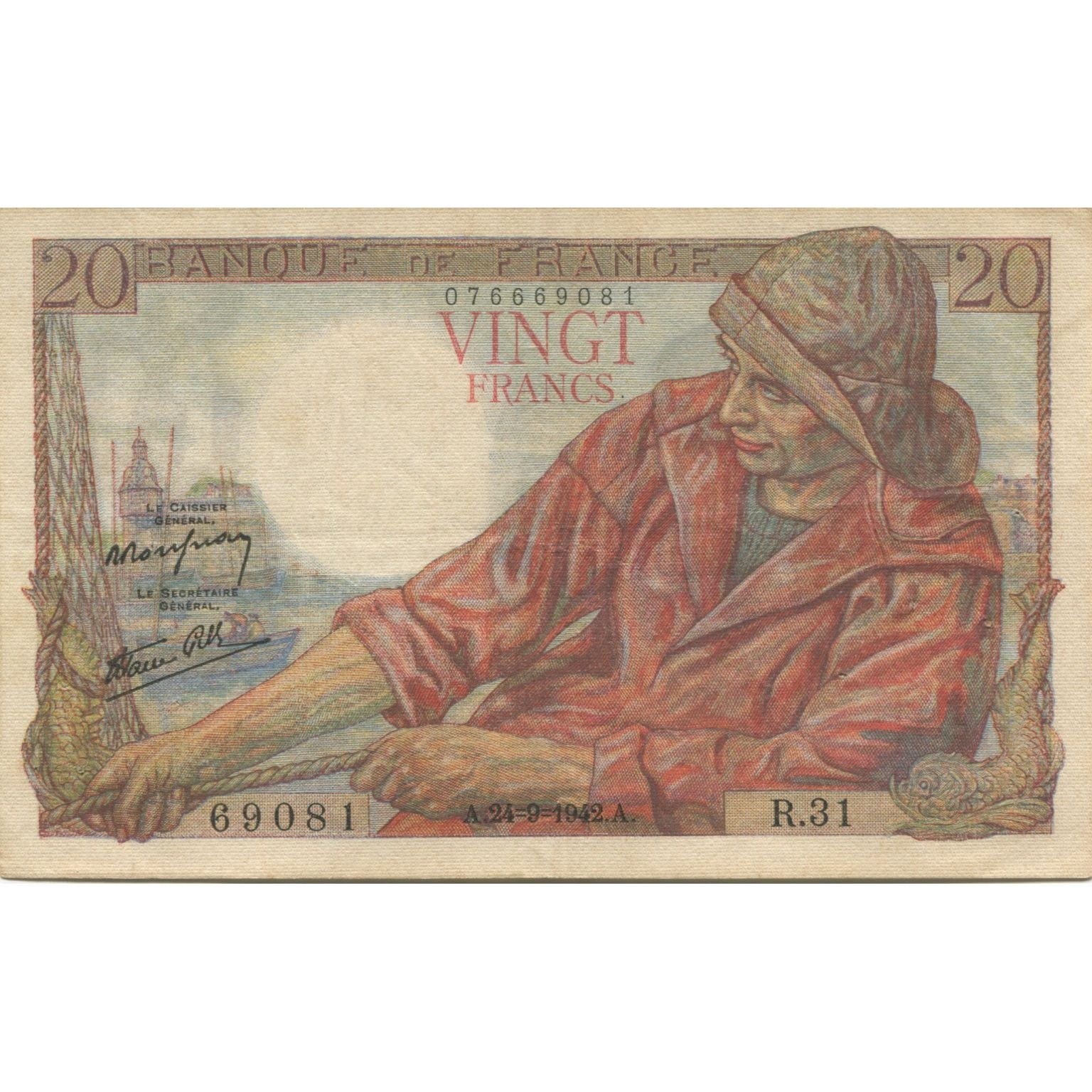 France, 20 Francs, Pêcheur, 1942, 1942-09-24, EF(40-45), Fayette:13.3, KM:100a