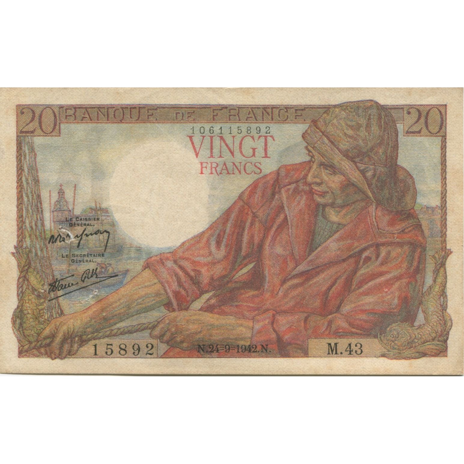 Francia, 20 Francs, Pêcheur, 1942, 1942-09-24, MBC, Fayette:13.3, KM:100a