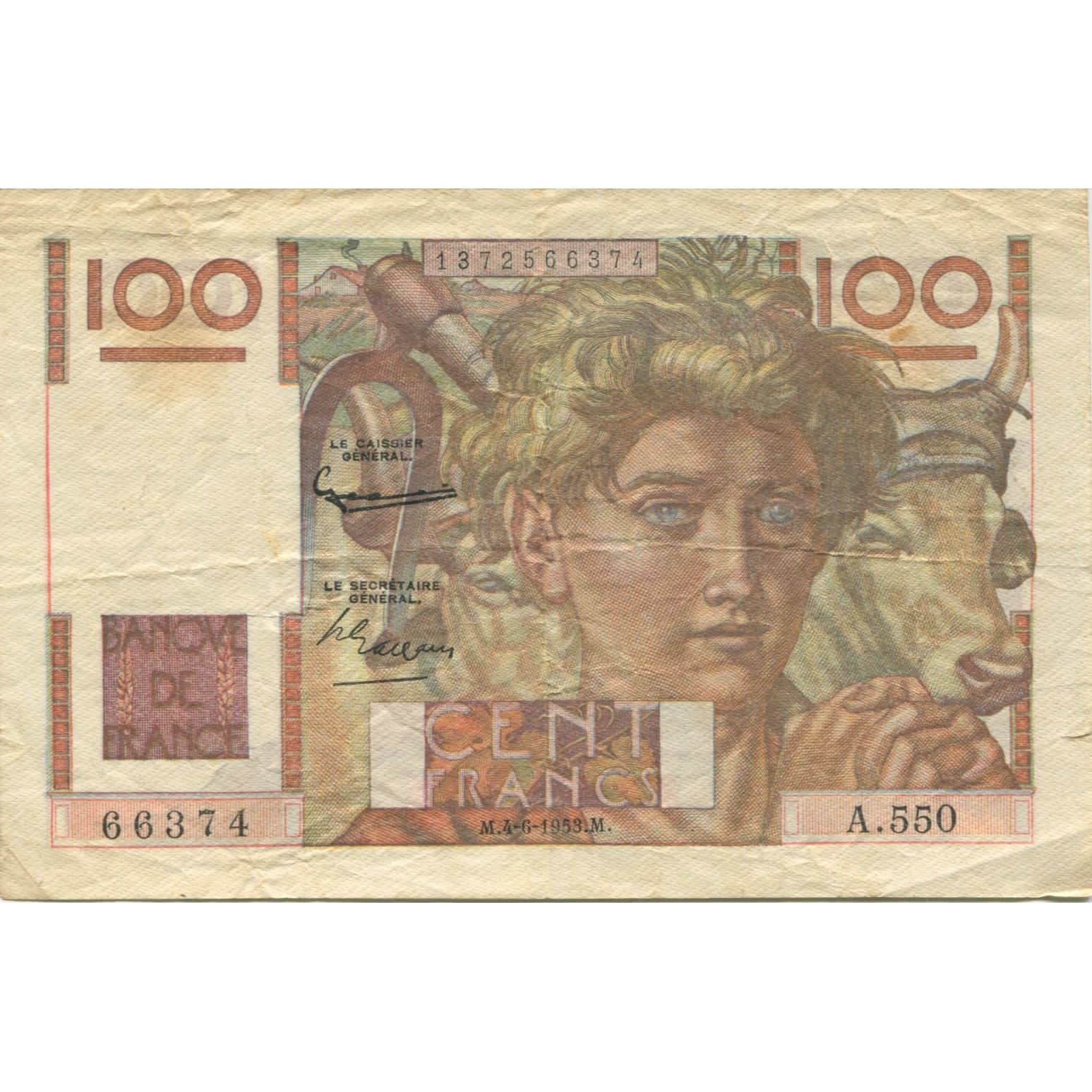 France, 100 Francs, Jeune Paysan, 1953, VF(20-25), Fayette:28.37, KM:128d