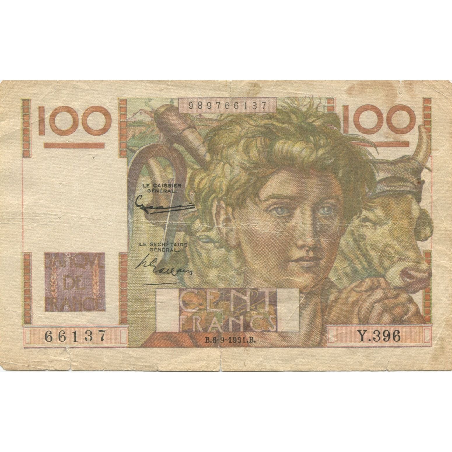 Frankrijk, 100 Francs, Jeune Paysan, 1951, D AMBRIERES, GARGAM, 1951-09-06, TB