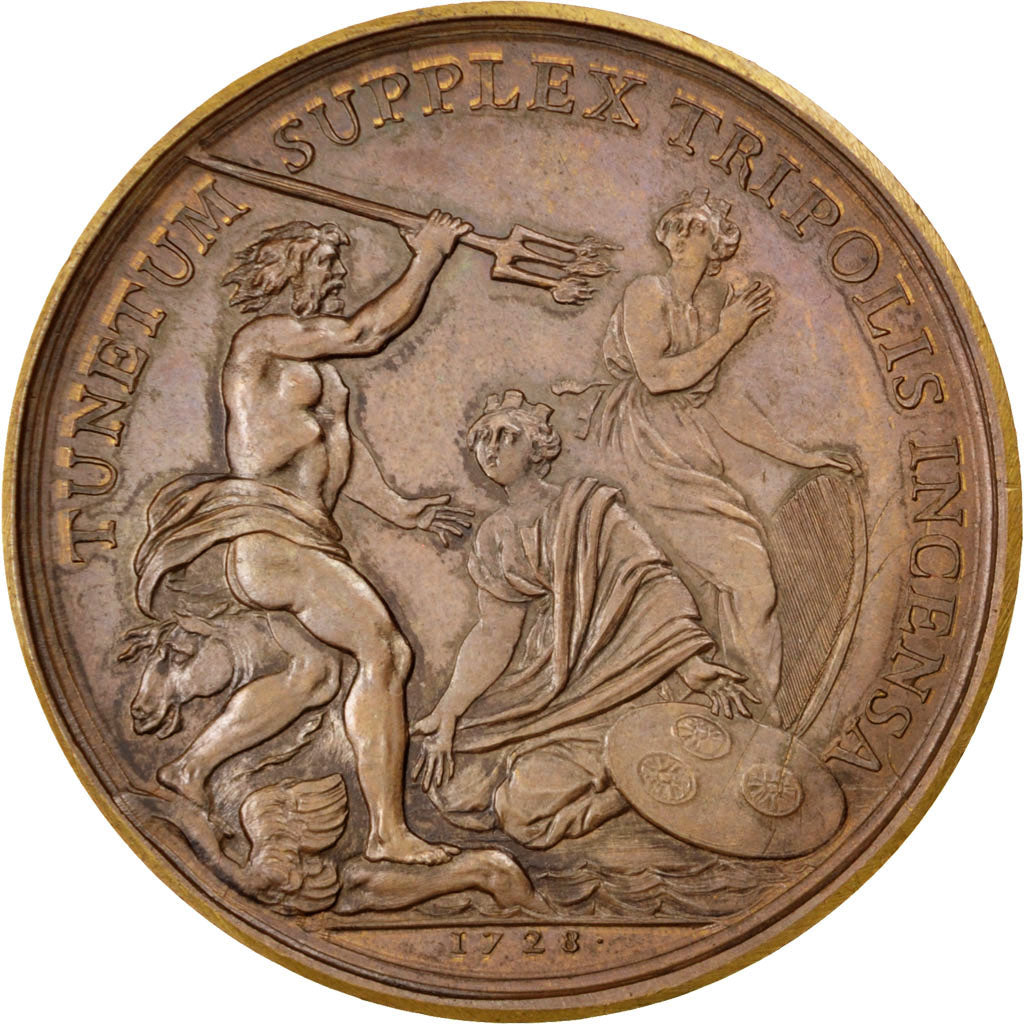 France, Médaille, Bombardement de Tripoli, Louis XV, 1728, Duvivier, TTB+