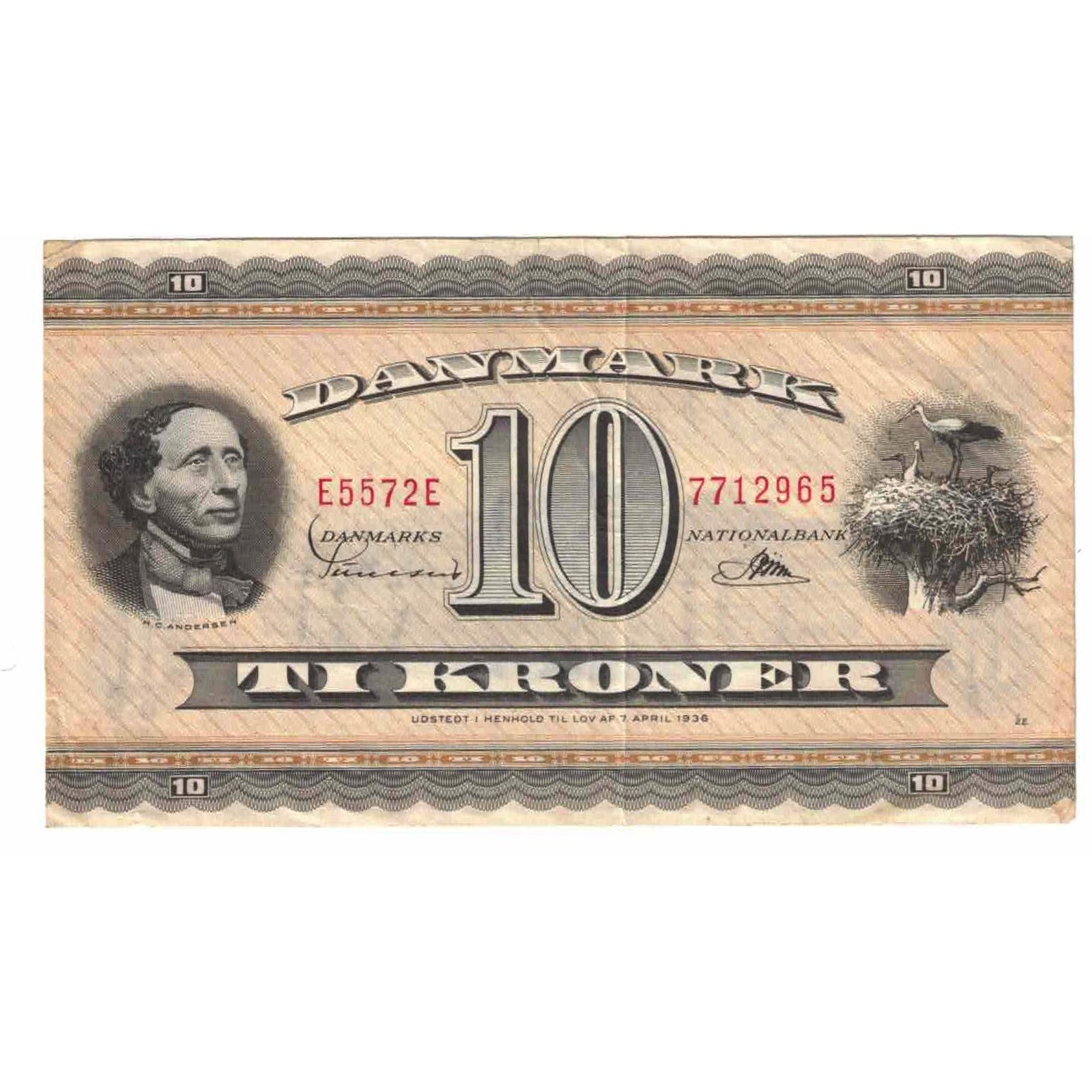 Nota, Dinamarca, 10 Kroner, 1936, 1936-04-07, KM:44p, AU(55-58)