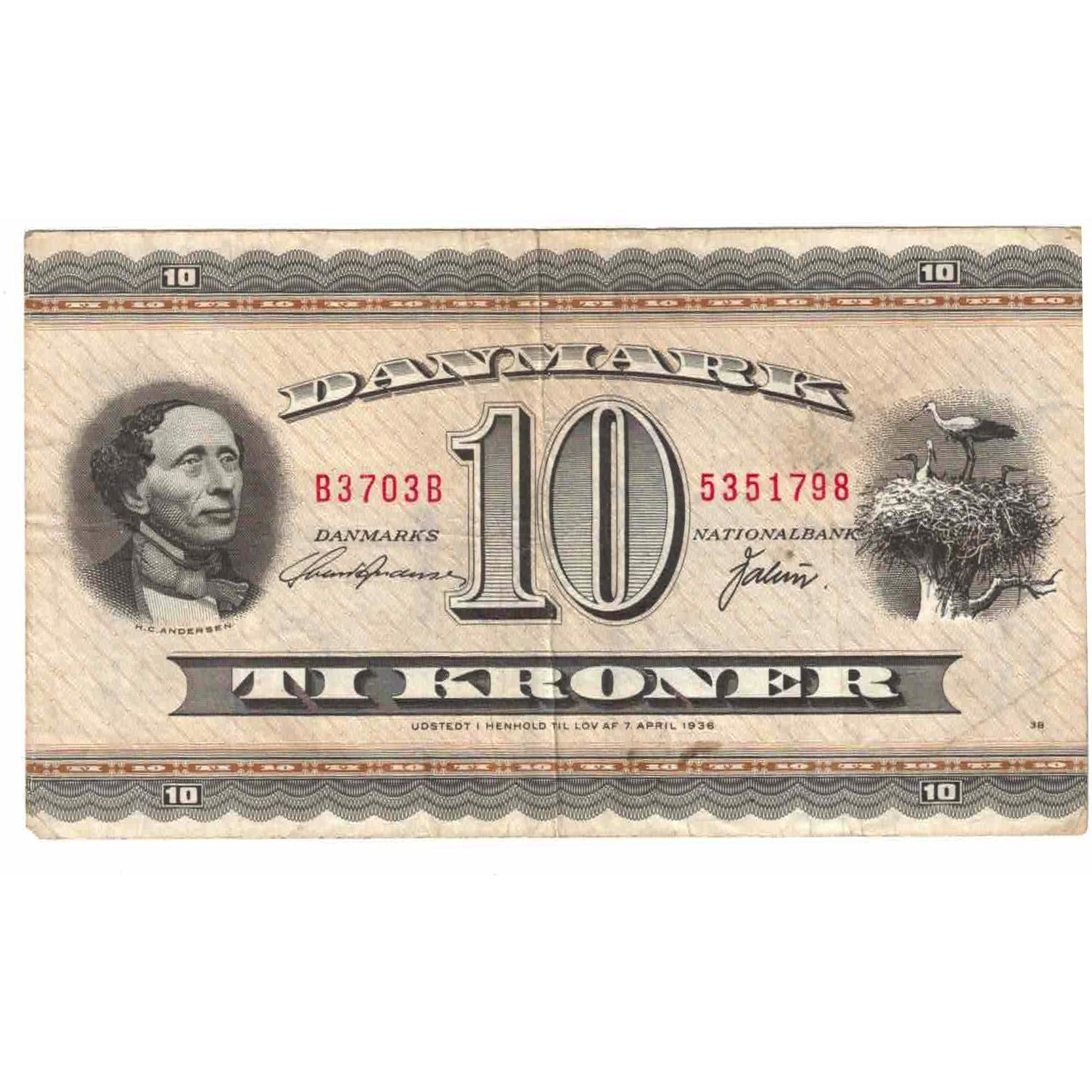 Banknote, Denmark, 10 Kroner, 1936, 1936-04-07, KM:44p, AU(55-58)