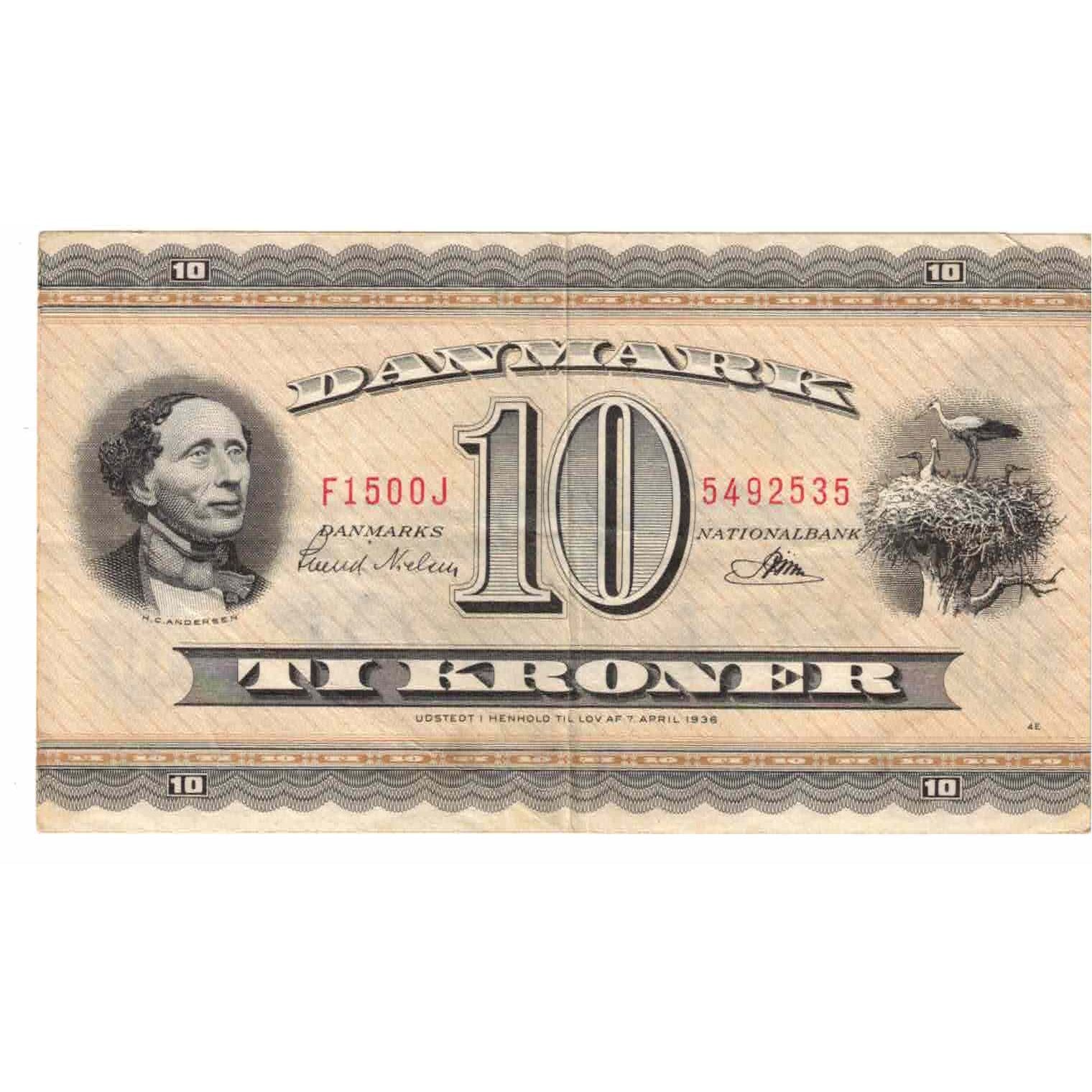 Banknote, Denmark, 10 Kroner, 1936, 1936-04-07, KM:44p, EF(40-45)