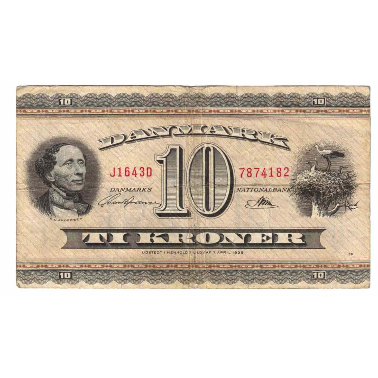 Billet, Danemark, 10 Kroner, 1936, 1936-04-07, KM:44p, TTB