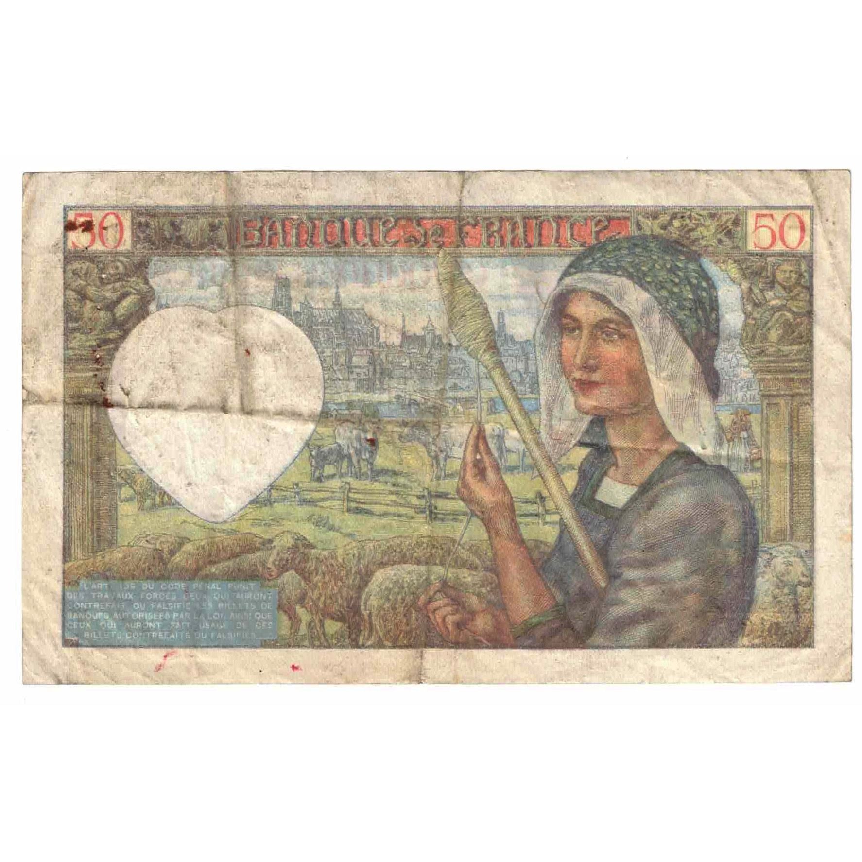 France, 50 Francs, Jacques Coeur, 1942, G.167, VF(20-25), Fayette:19.20, KM:93