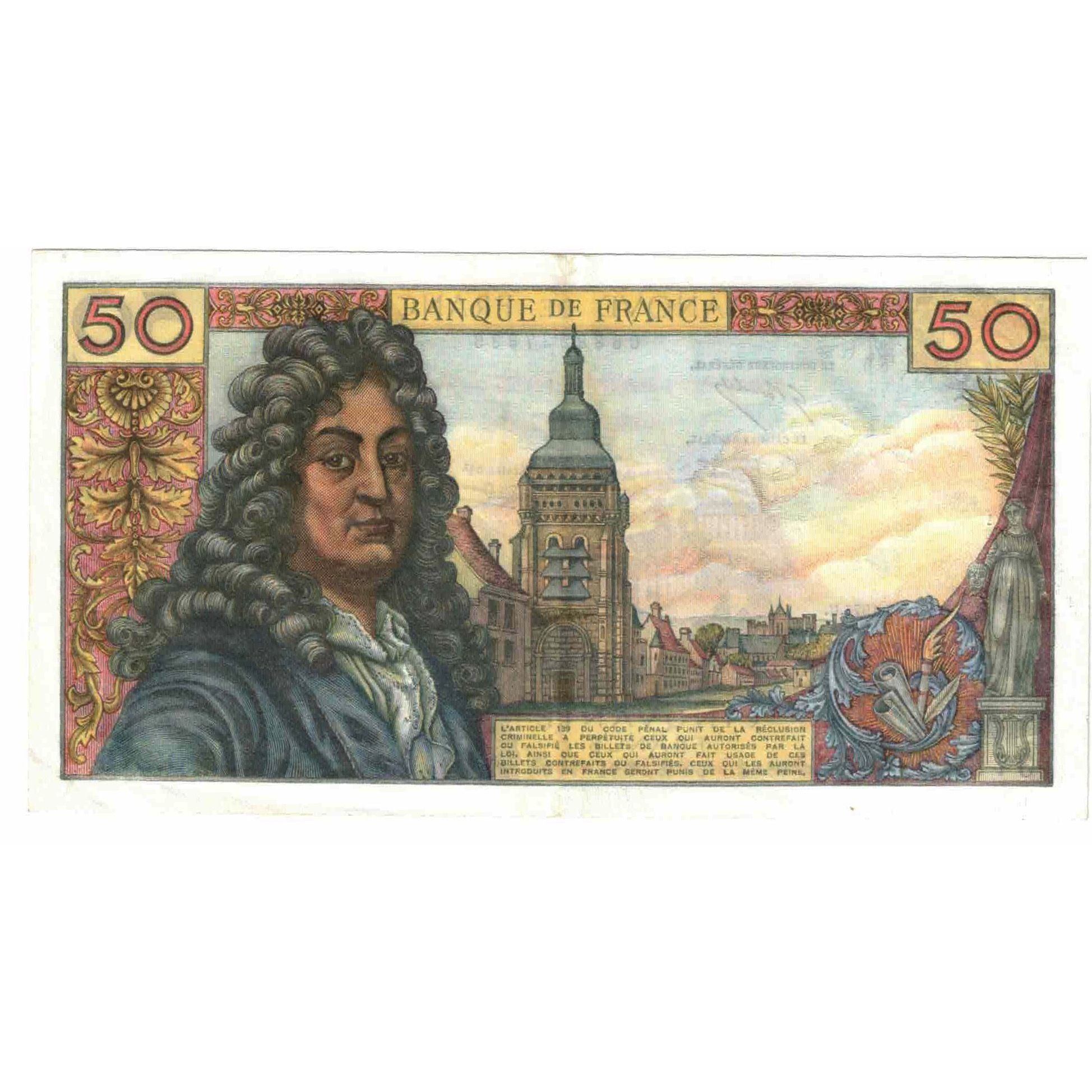France, 50 Francs, Racine, 1975, O.276, AU(55-58), Fayette:64.30, KM:148e