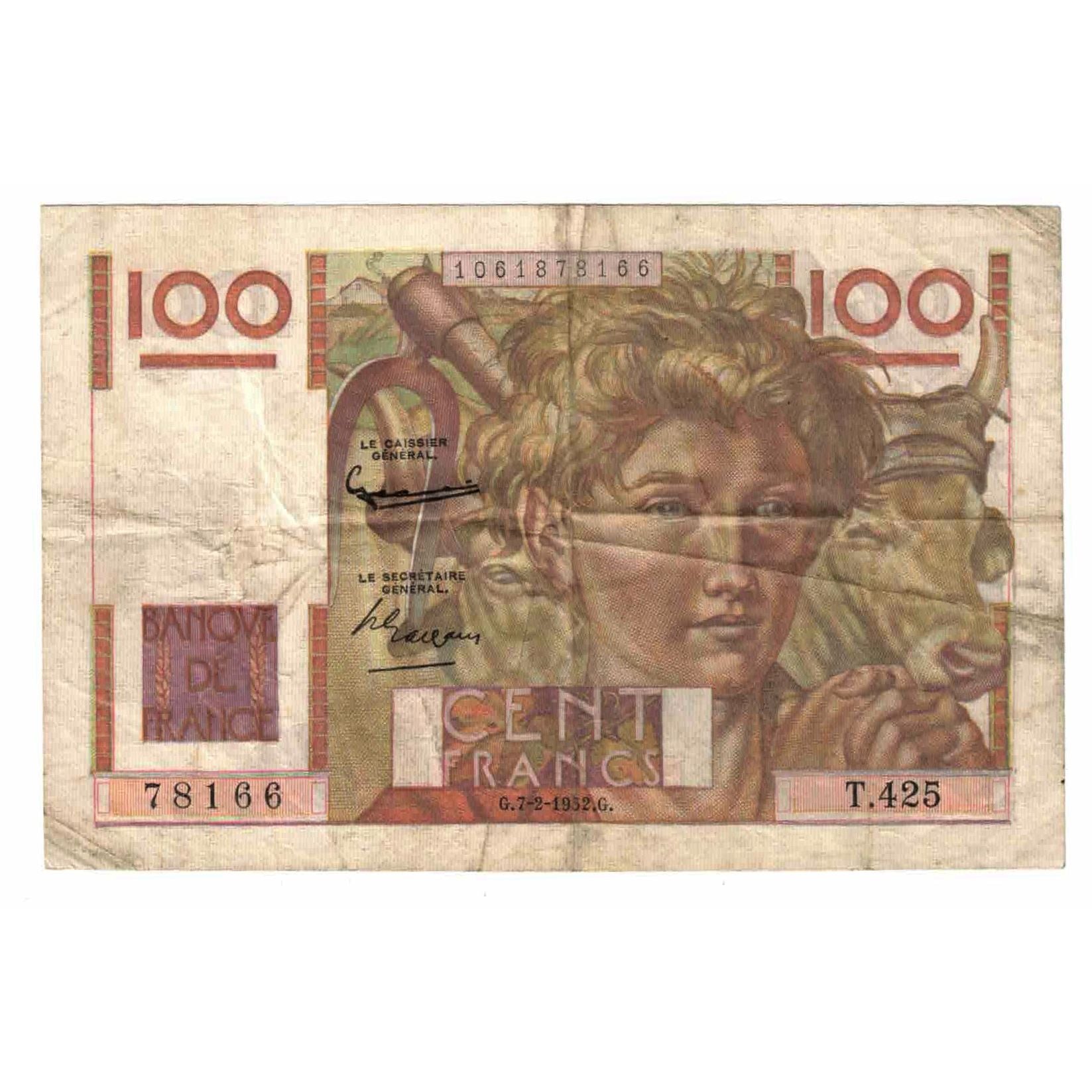 France, 100 Francs, Jeune Paysan, 1952, T.425, EF(40-45), Fayette:28.31, KM:128a