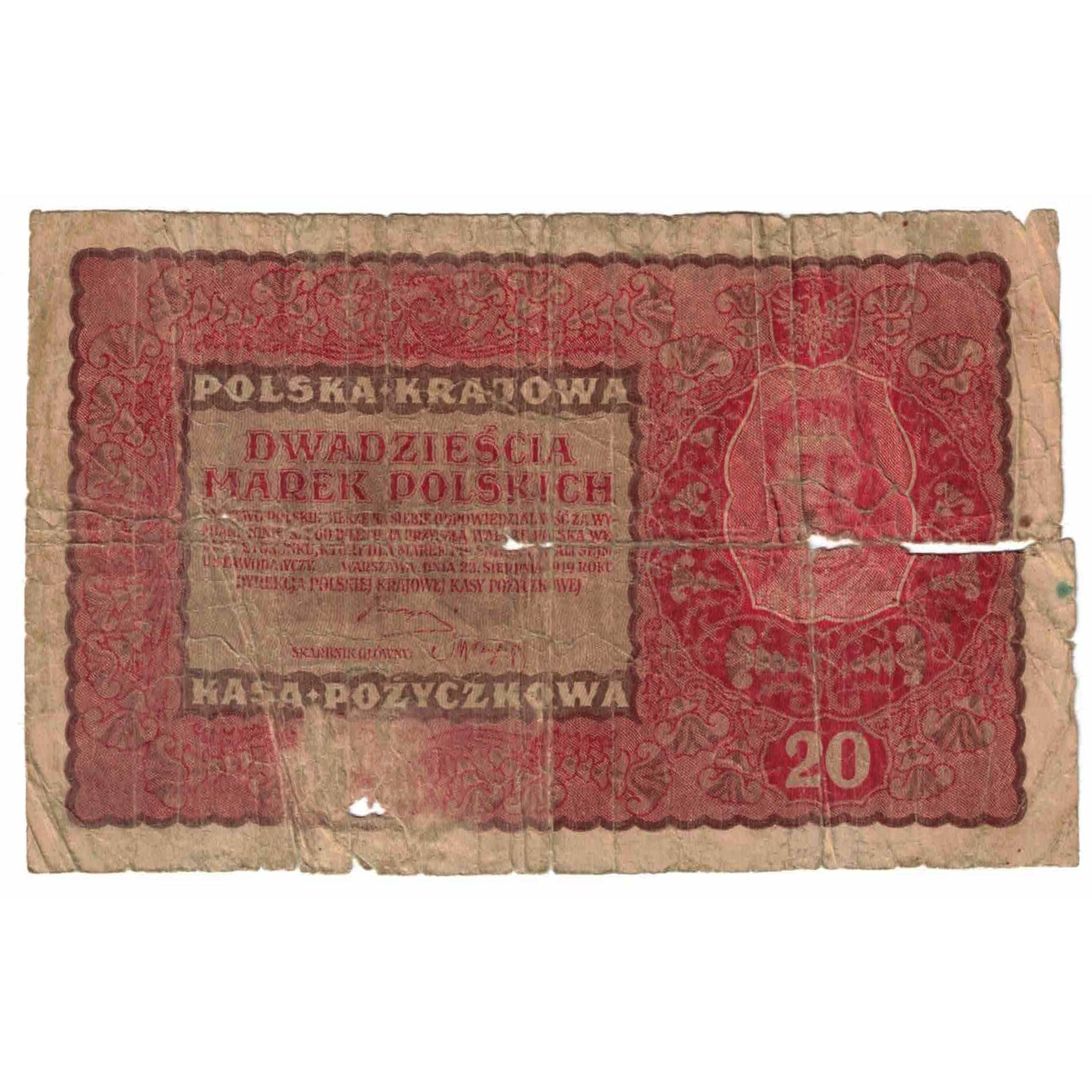 Nota, Polónia, 20 Marek, 1919, 1919-08-23, KM:26, AG(1-3)