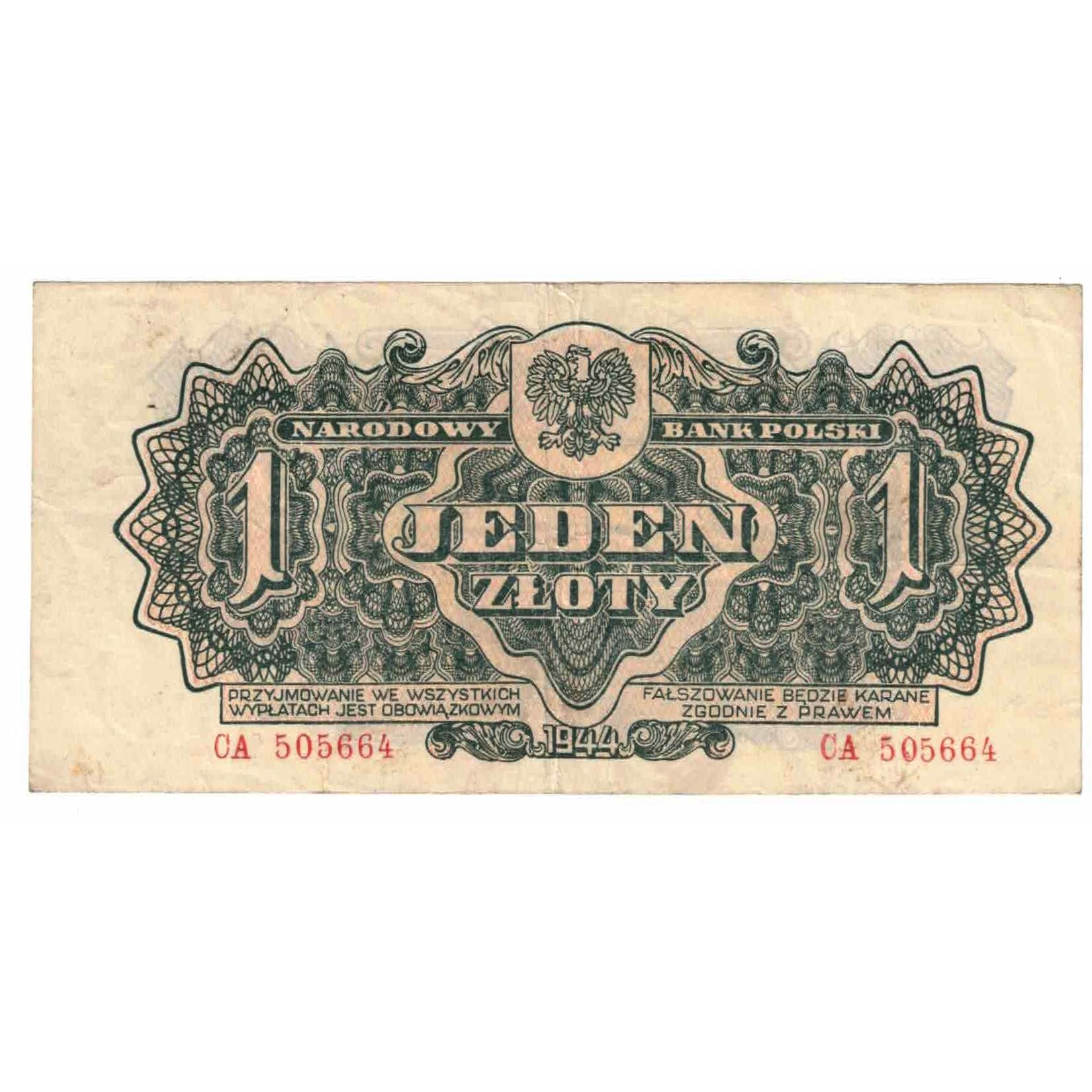 Banknote, Poland, 1 Zloty, 1944, KM:105a, AU(55-58)
