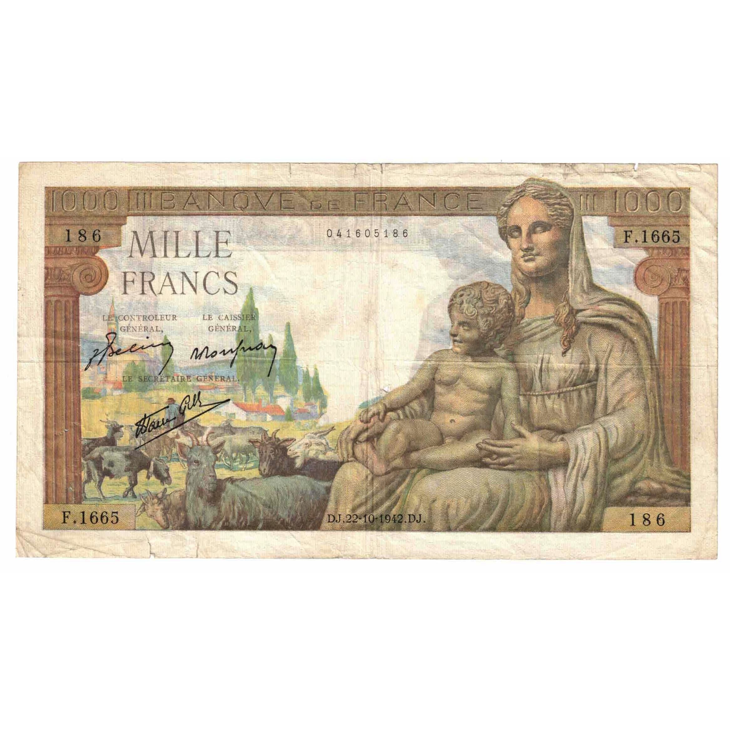 Frankreich, 1000 Francs, Déesse Déméter, 1942, F.1665, S, Fayette:40.09