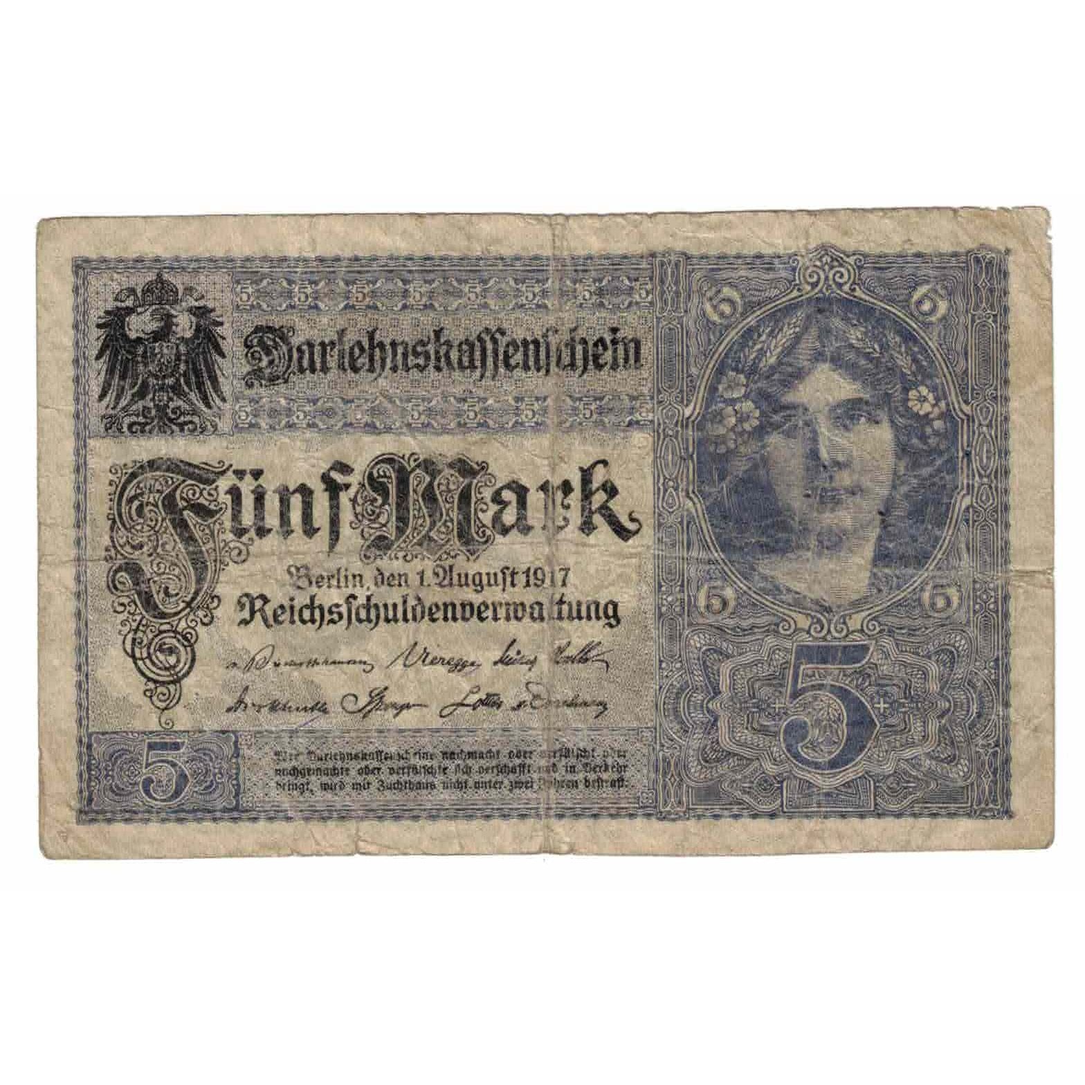 Geldschein, Deutschland, 5 Mark, 1914, 1914-08-05, KM:47c, VZ