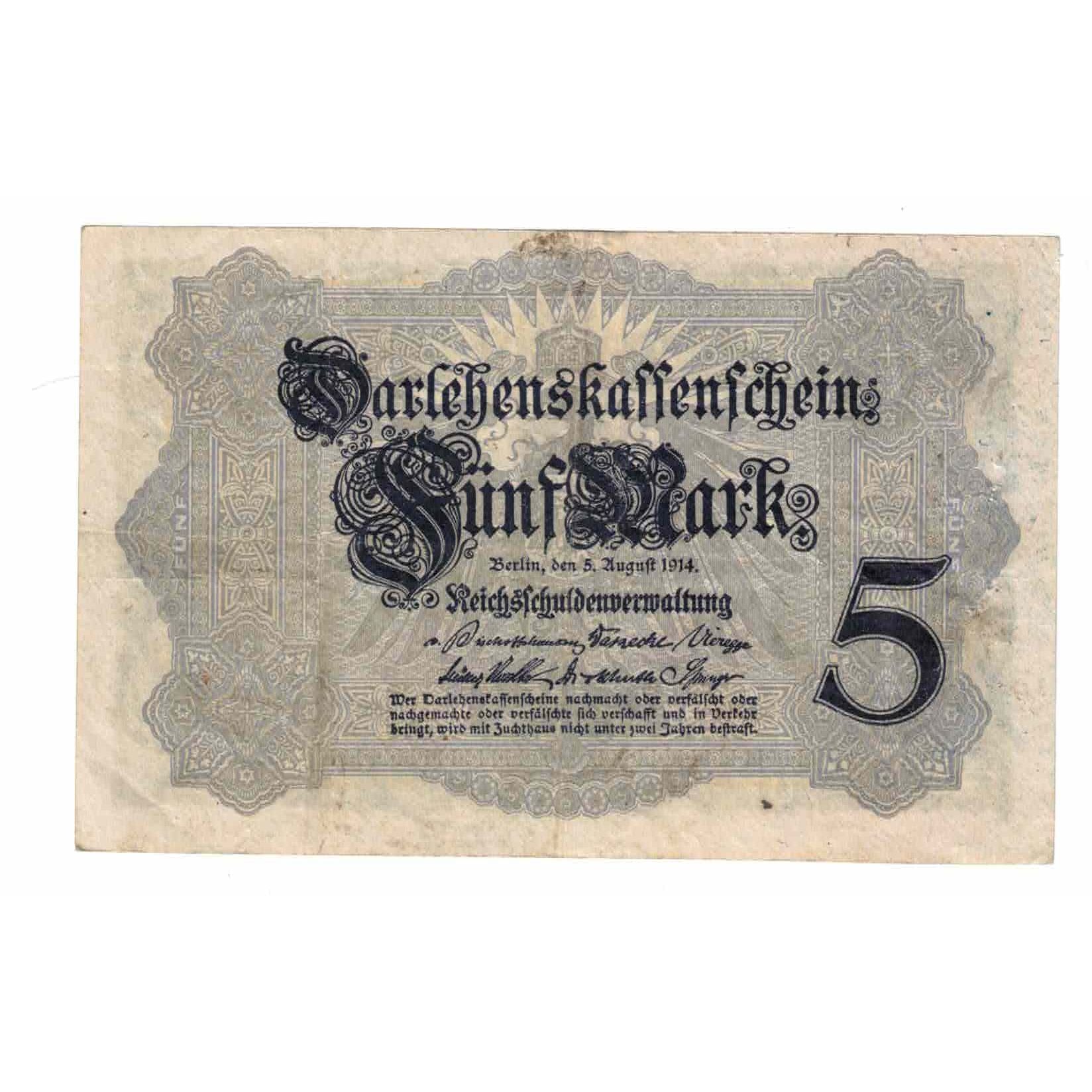 Geldschein, Deutschland, 5 Mark, 1914, 1914-08-05, KM:47c, VZ