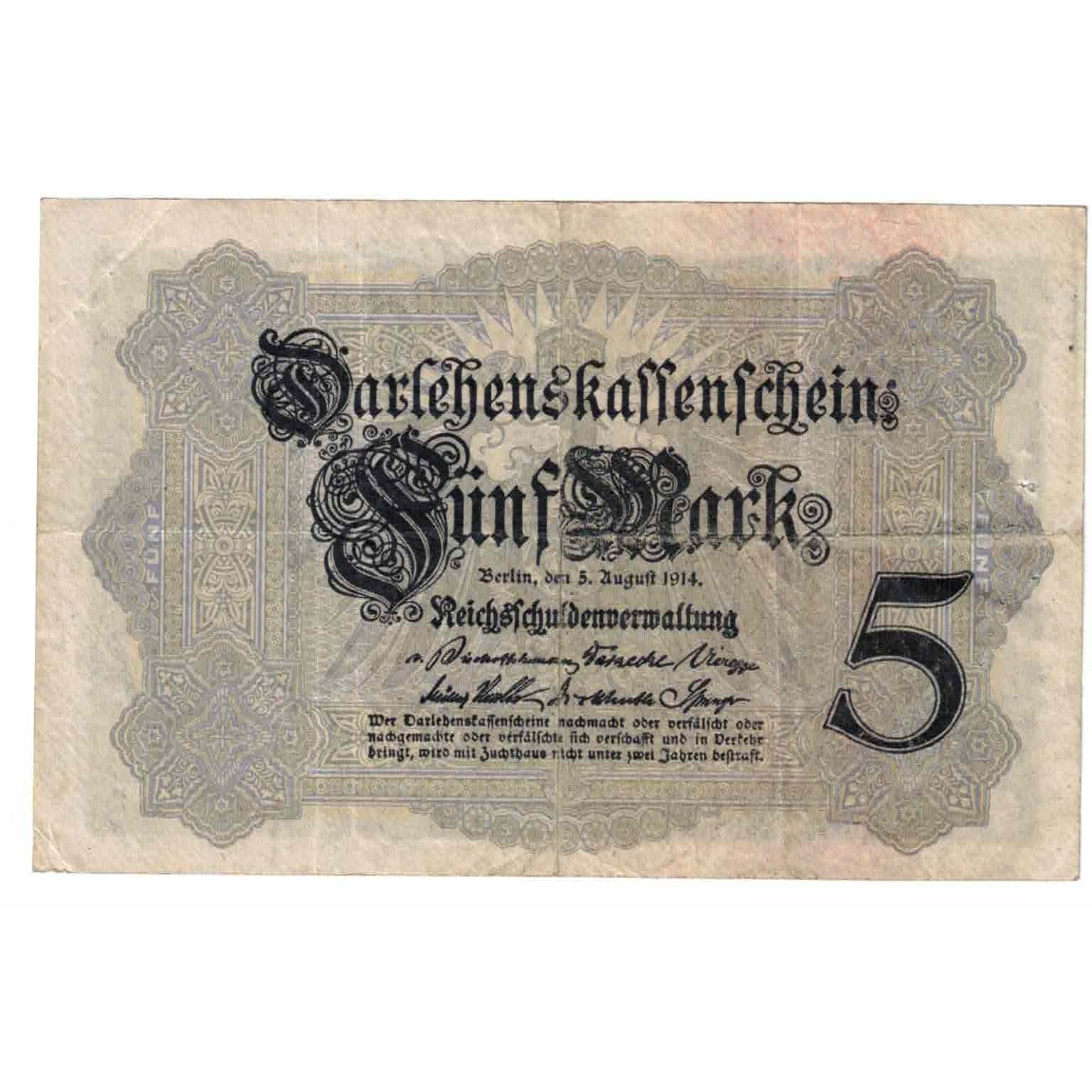 Banknote, Germany, 5 Mark, 1914, 1914-08-05, KM:47c, EF(40-45)