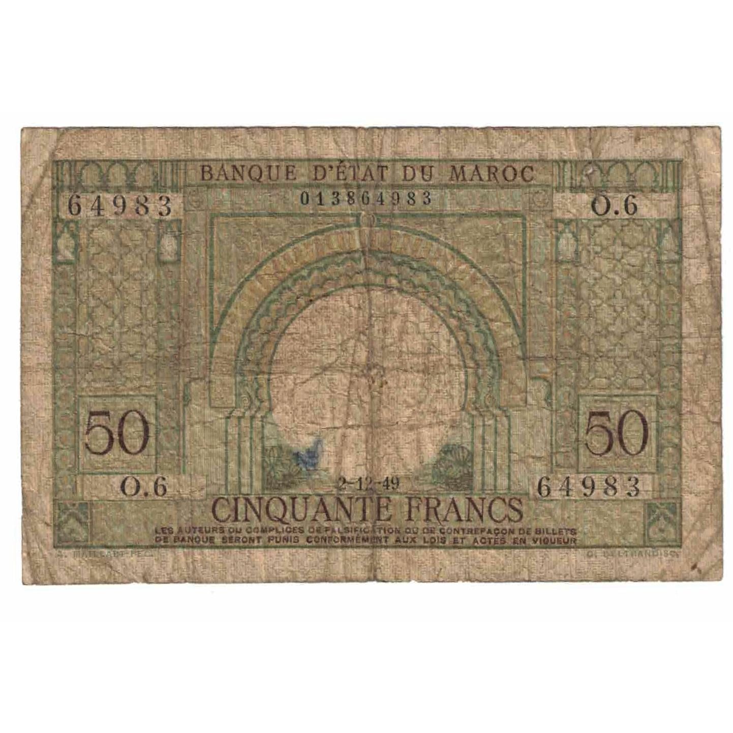 Banknote, Morocco, 50 Francs, 1949, 1949-12-02, KM:44, VF(20-25)