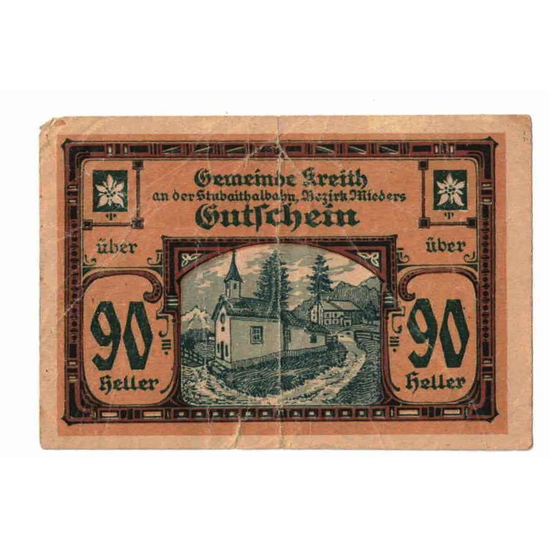 Banknote, Austria, Kreith, 90 Heller, Eglise, 1920, 1920-12-31, VF(20-25)