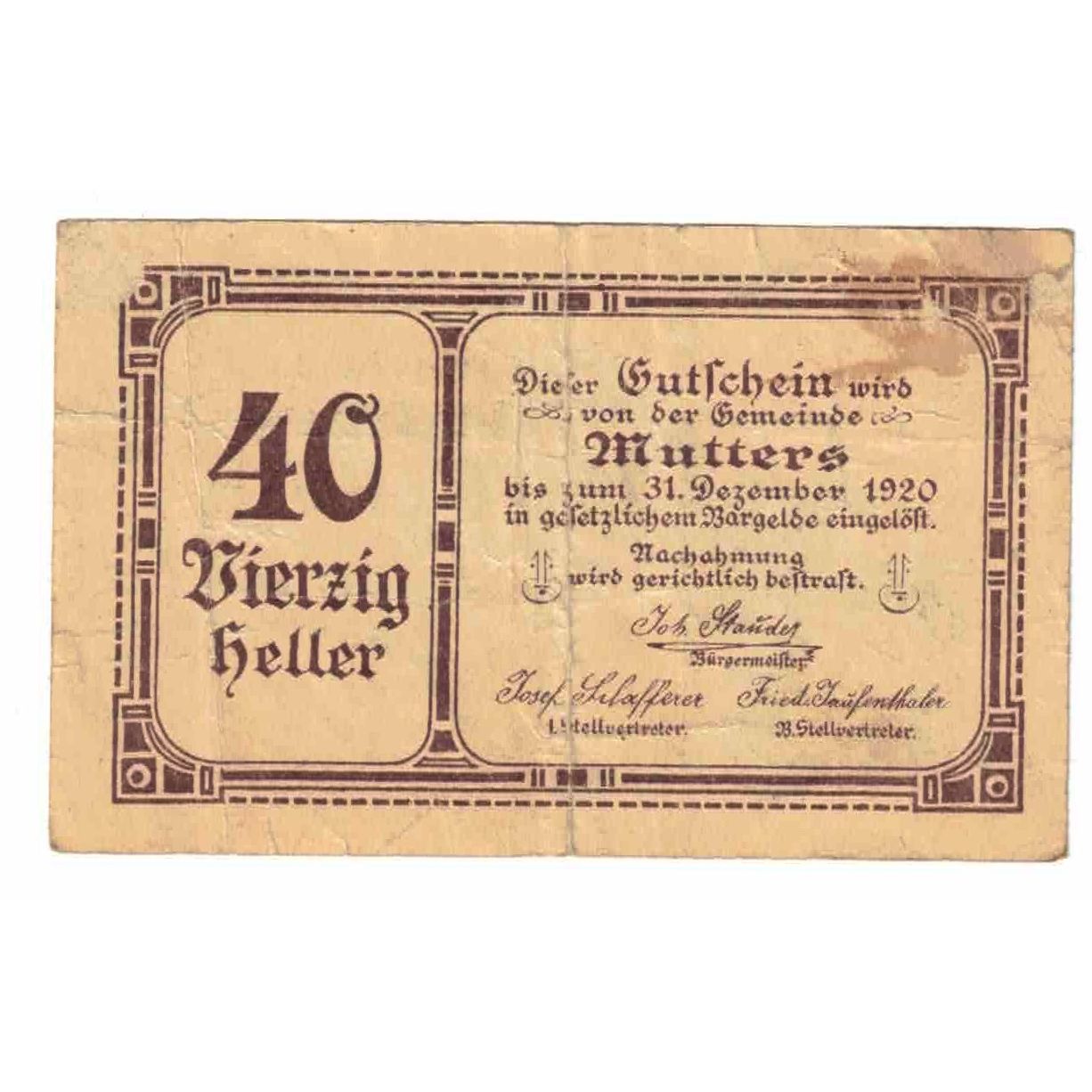 Banknote, Austria, Mutters, 40 Heller, Eglise, 1920, 1920-12-31, EF(40-45)