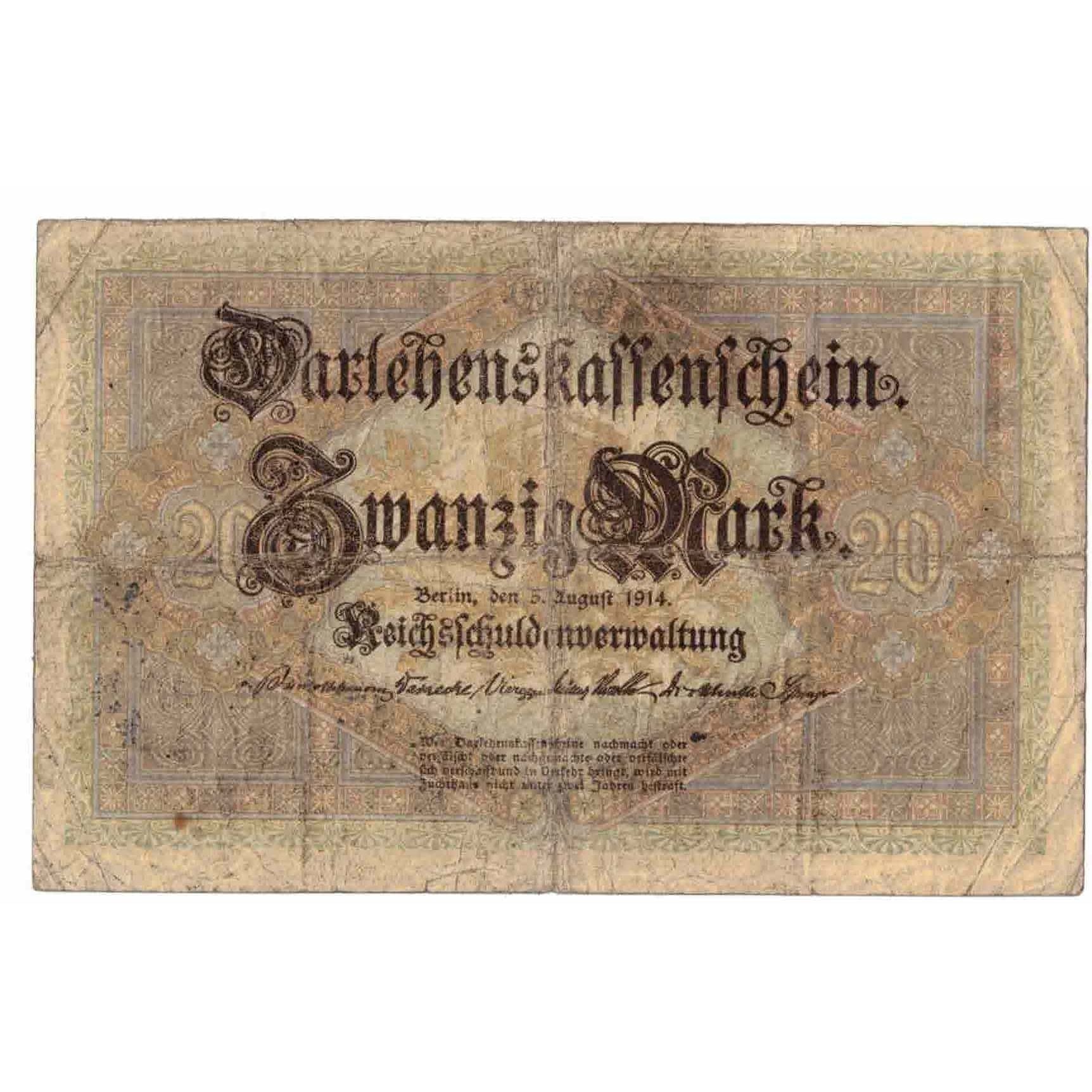 Banknote, Germany, 20 Mark, 1914, 1914-08-05, KM:48b, EF(40-45)